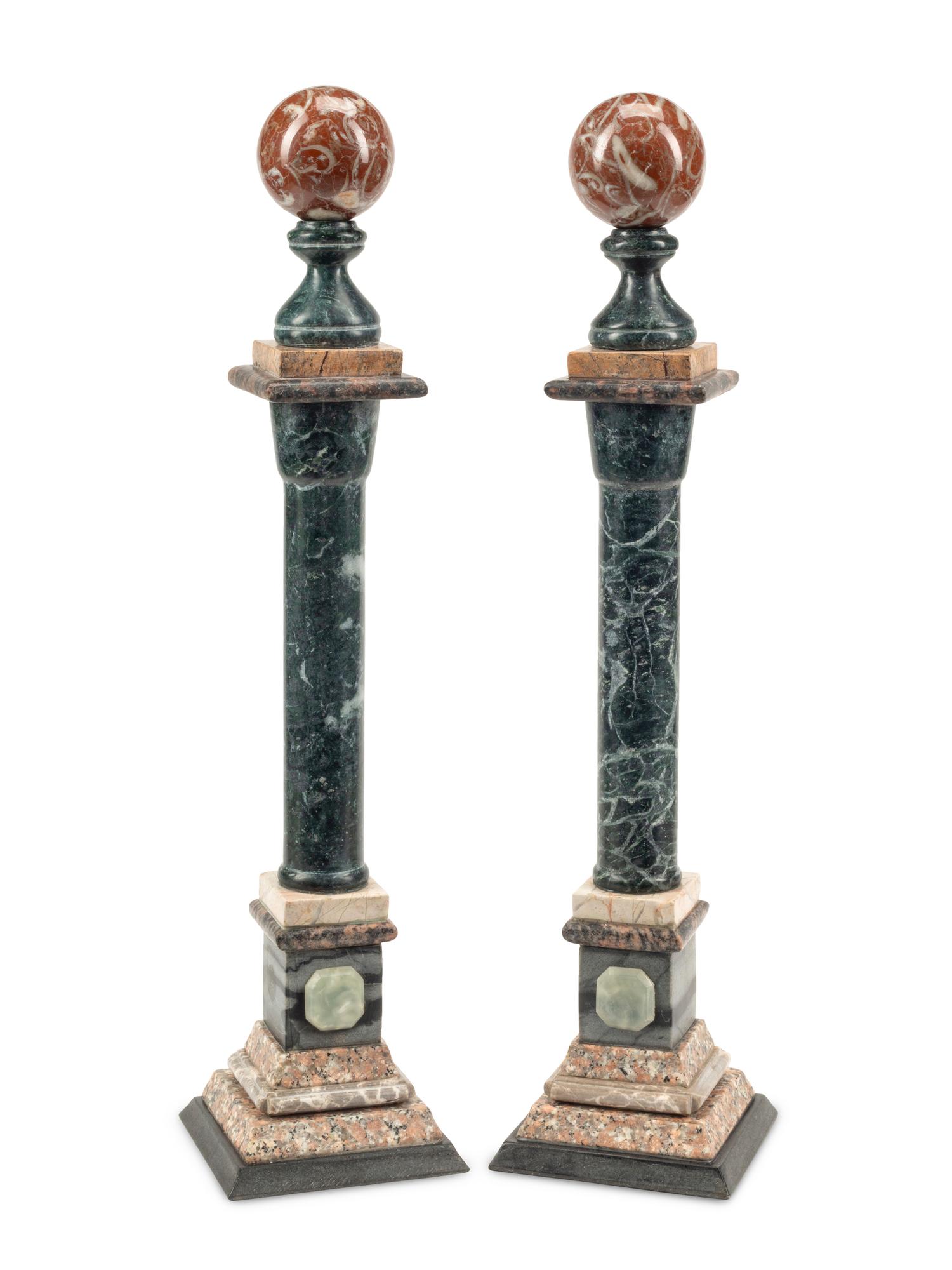 A Pair of Grand Tour Style Vari-Color Marble Column Ornaments