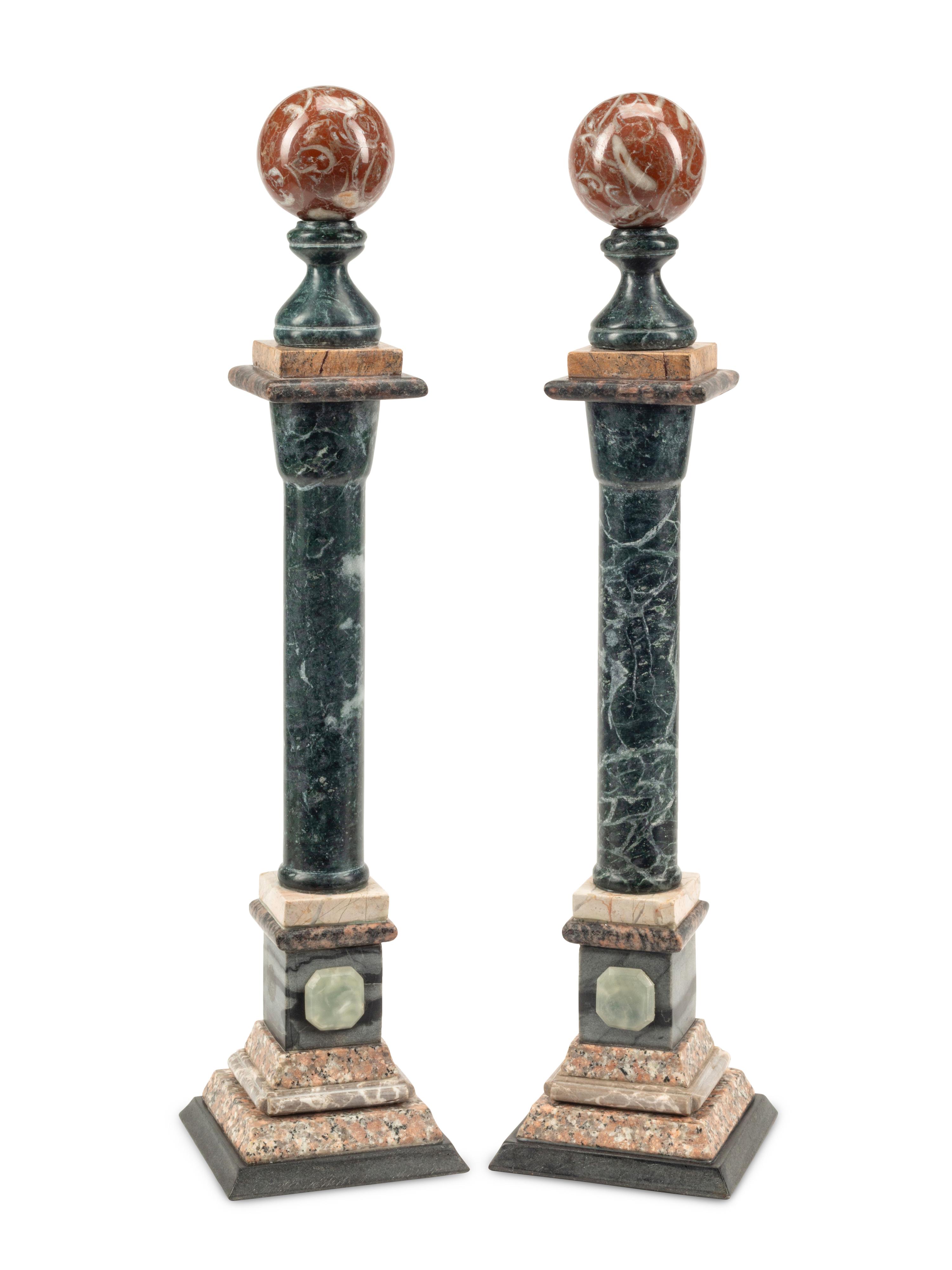 A Pair of Grand Tour Style Vari-Color Marble Column Ornaments