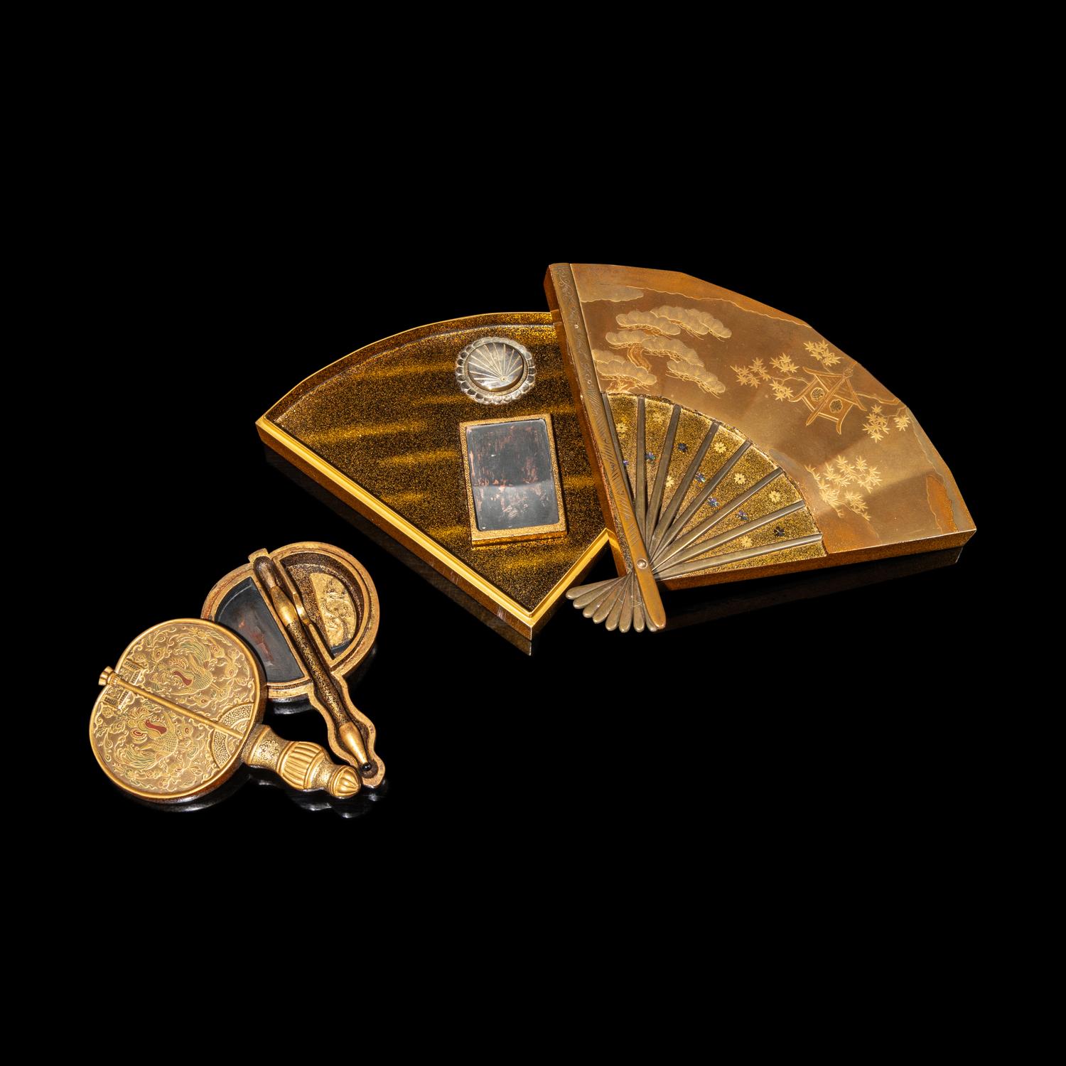 Two Japanese Gold Lacquer Fan-Shape Writing Boxes, Suzuribako, 19th Century