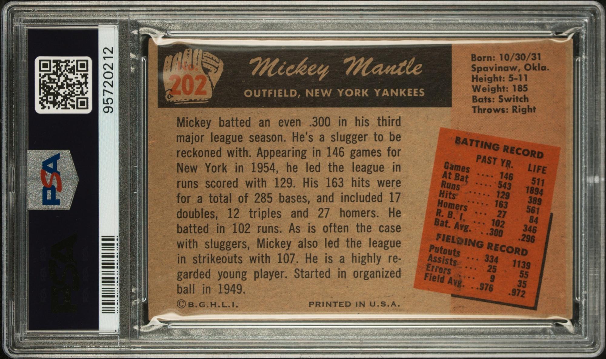 A 1955 Bowman Mickey Mantle Baseball Card No. 202 (PSA 5 EX)