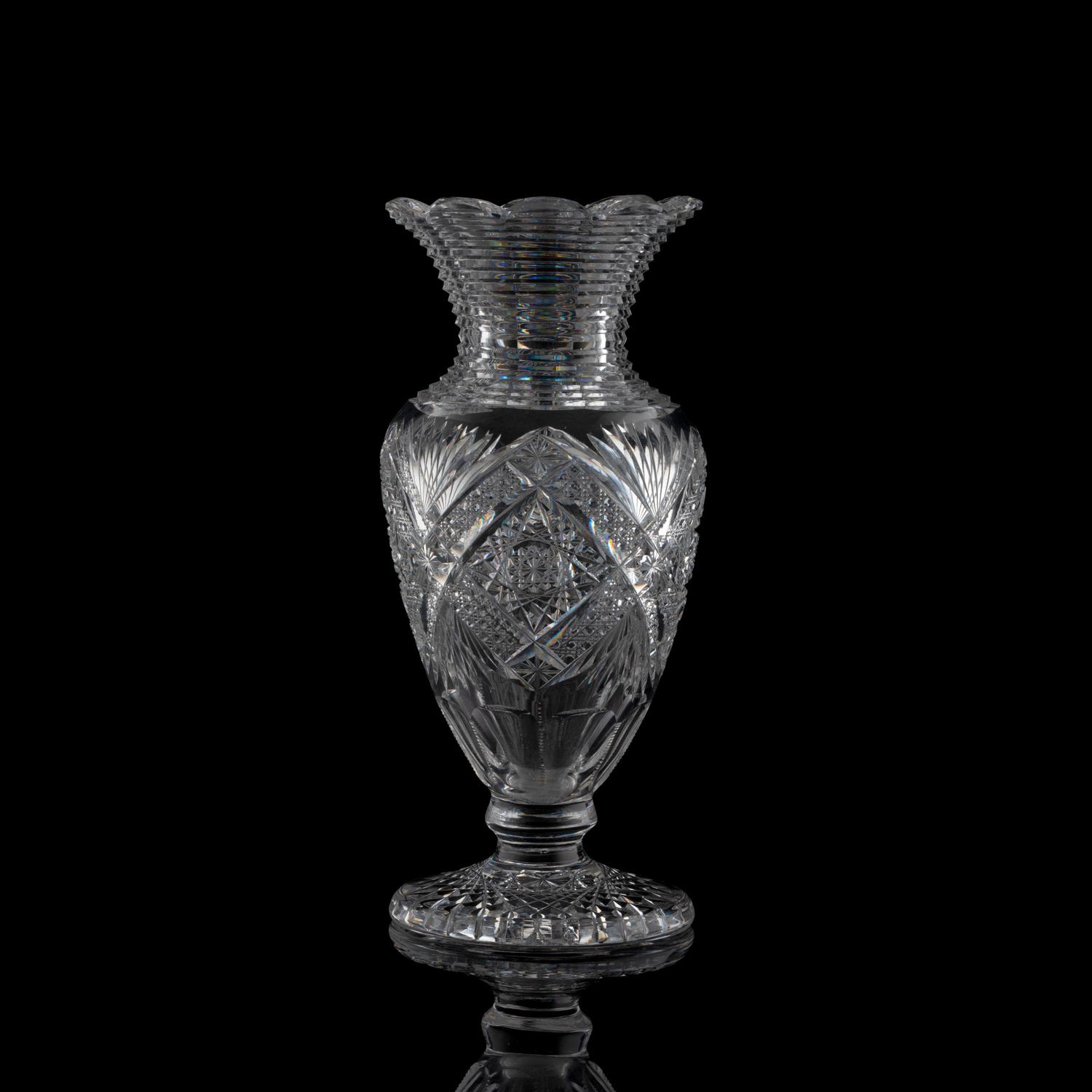 A J. Hoare Brilliant Period Cut Glass Baluster Vase with a Circular Foot
