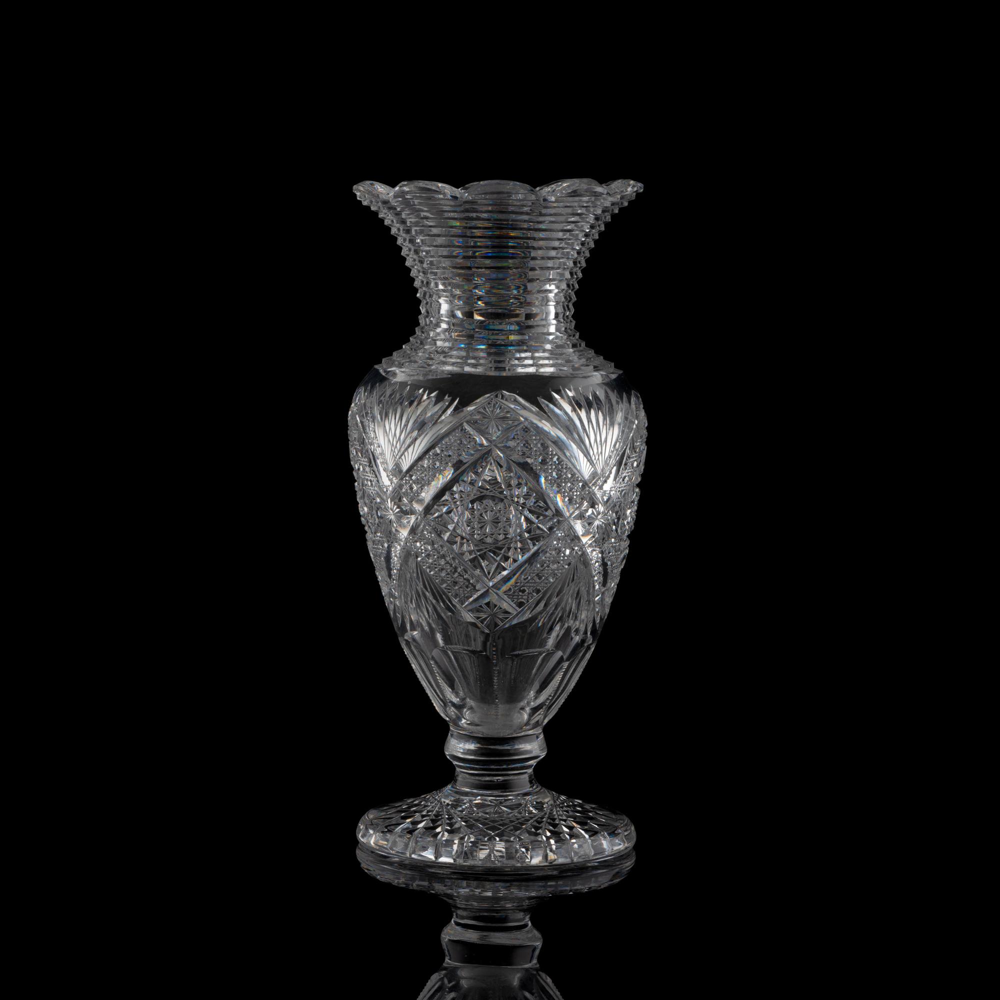 A J. Hoare Brilliant Period Cut Glass Baluster Vase with a Circular Foot