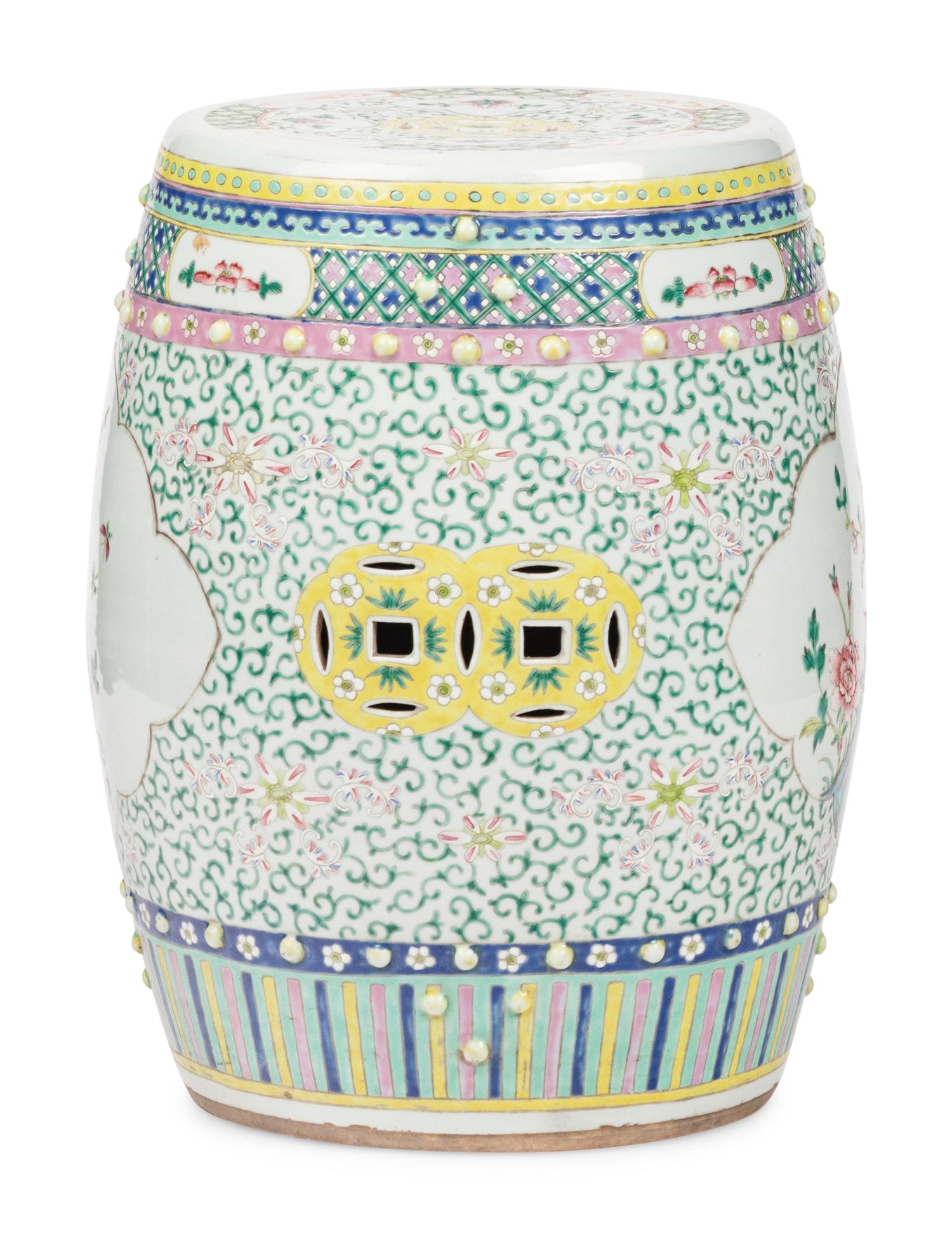 A Chinese Export Famille Rose Reticulated Porcelain Garden Seat