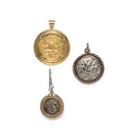 Two Greek Silver Coins and One Byzantine Gold Coin — Set in gold and silver pendants
