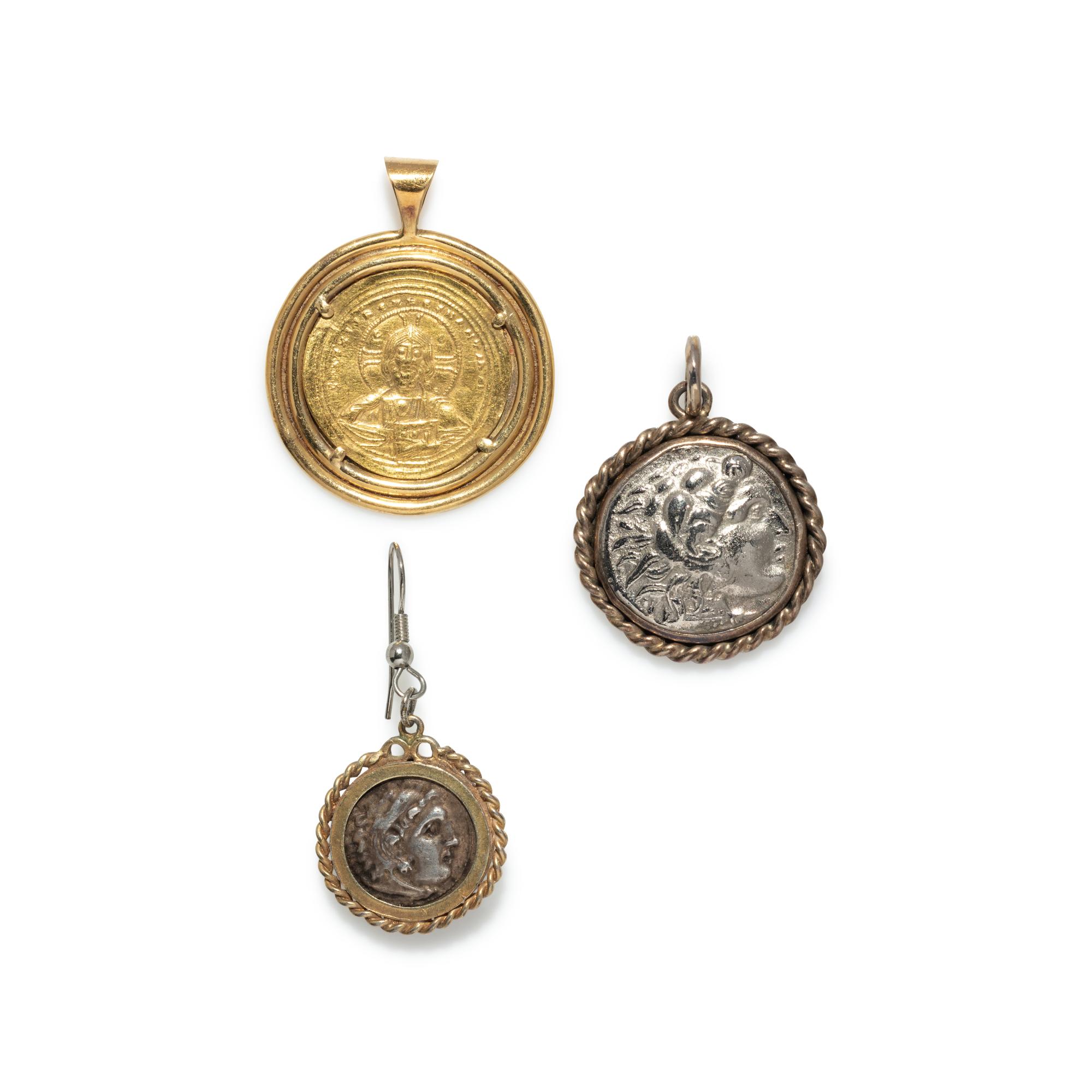Two Greek Silver Coins and One Byzantine Gold Coin — Set in gold and silver pendants