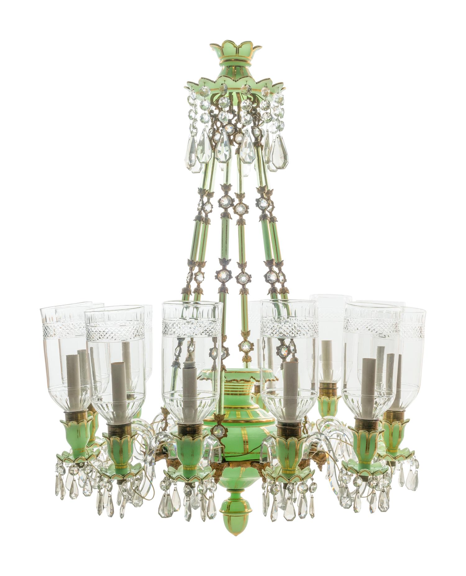 A French Opaline Glass and Gilt Bronze Twelve-Light Chandelier with Cut Glass Hurricane Shades