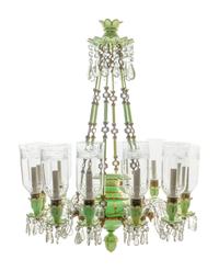 A French Opaline Glass and Gilt Bronze Twelve-Light Chandelier with Cut Glass Hurricane Shades