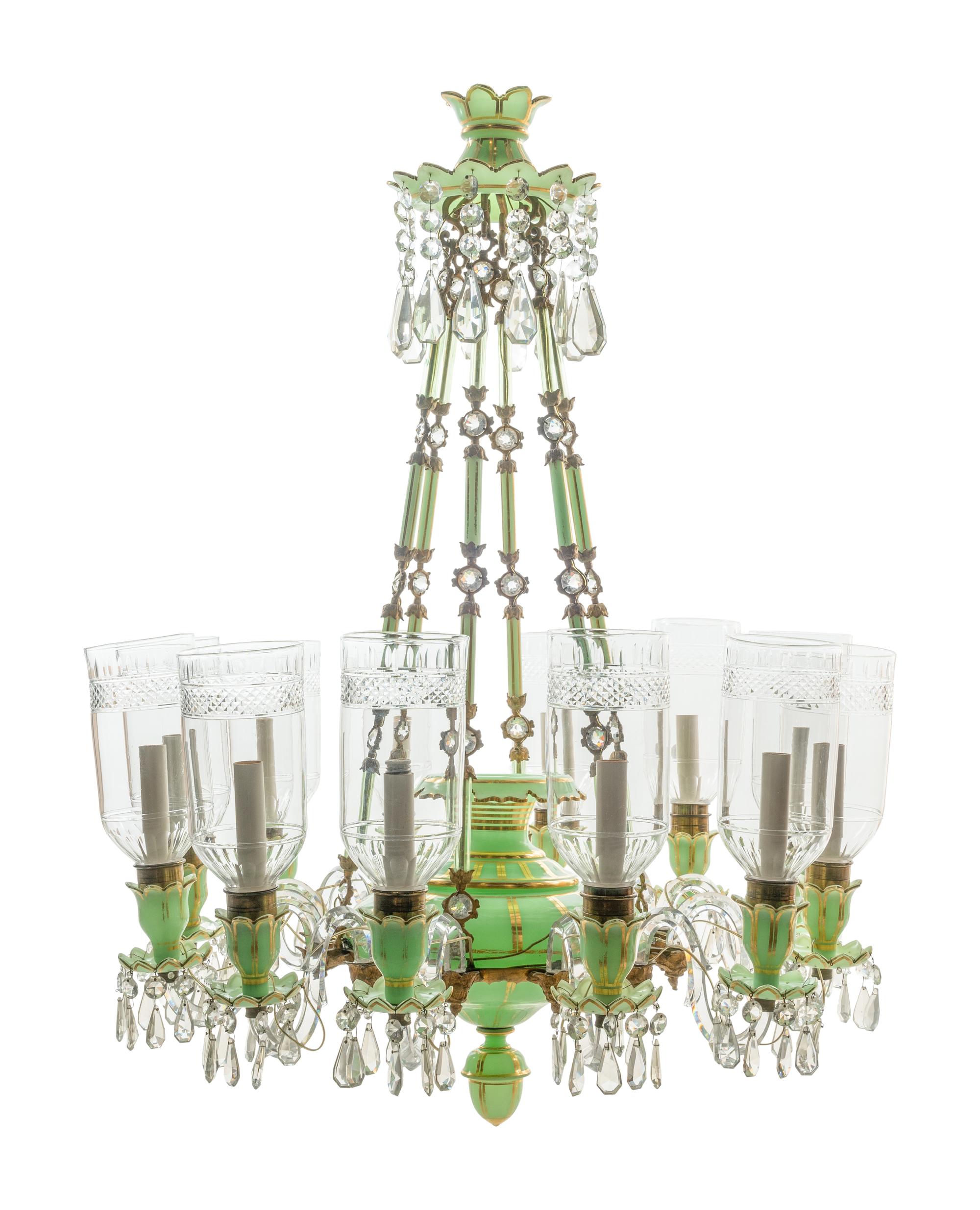 A French Opaline Glass and Gilt Bronze Twelve-Light Chandelier with Cut Glass Hurricane Shades
