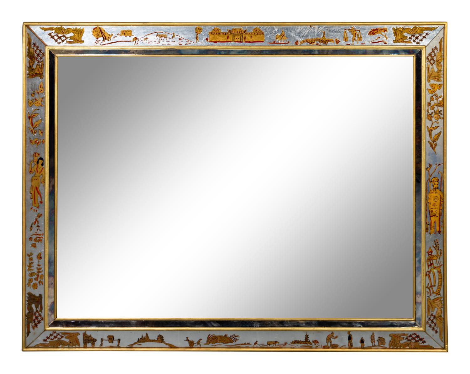 A Chinoiserie-Decorated Églomisé Mirror — MID-20TH CENTURY