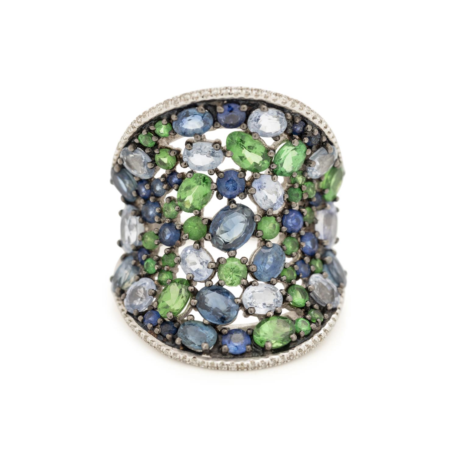 TSAVORITE GARNET, SAPPHIRE AND DIAMOND RING