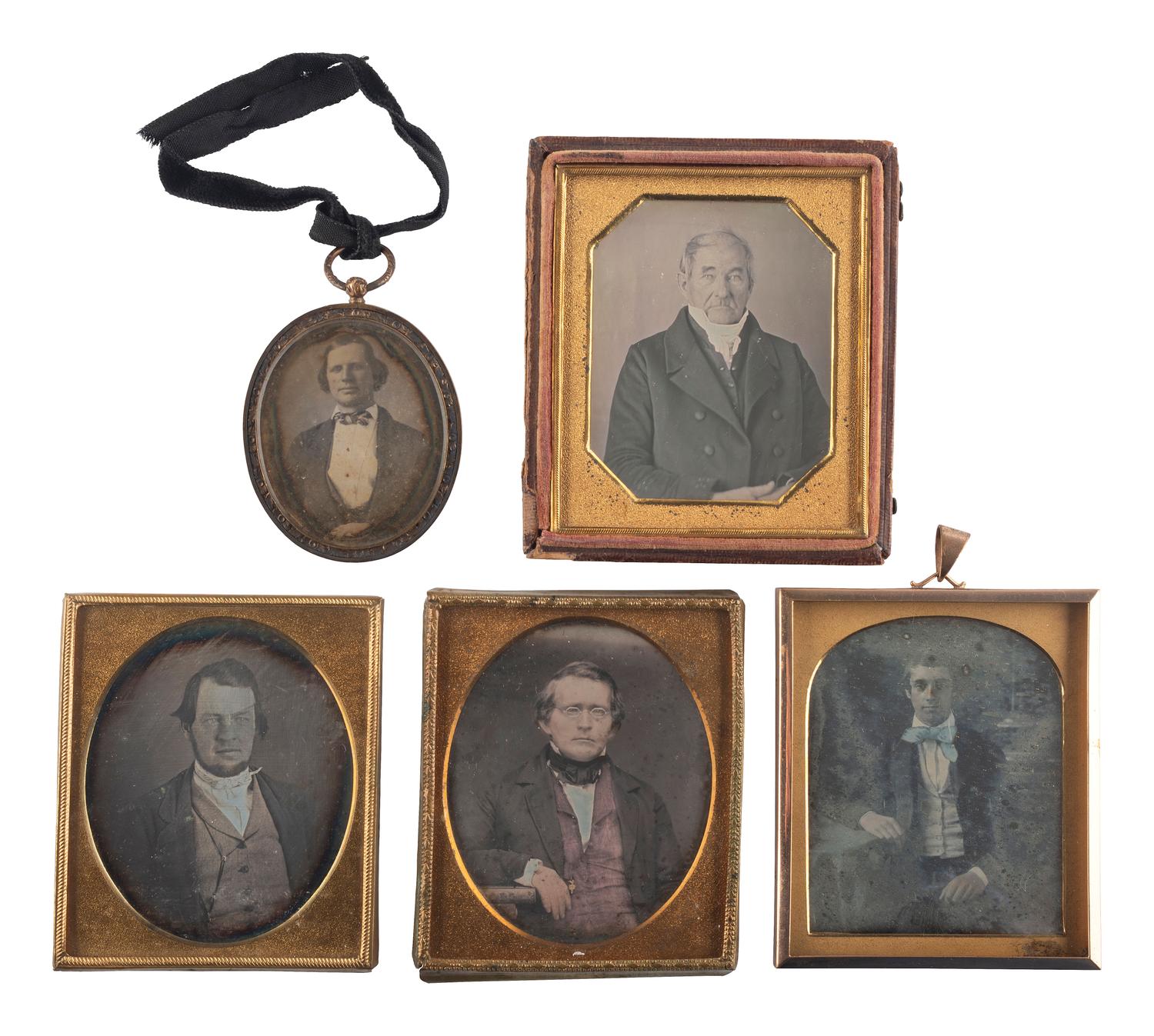 [EARLY PHOTOGRAPHY]. A group of 11 daguerreotypes of men of varying ages, highlighted by sixth plate daguerreotype housed in Rare Daguerreian Gallery Union case.