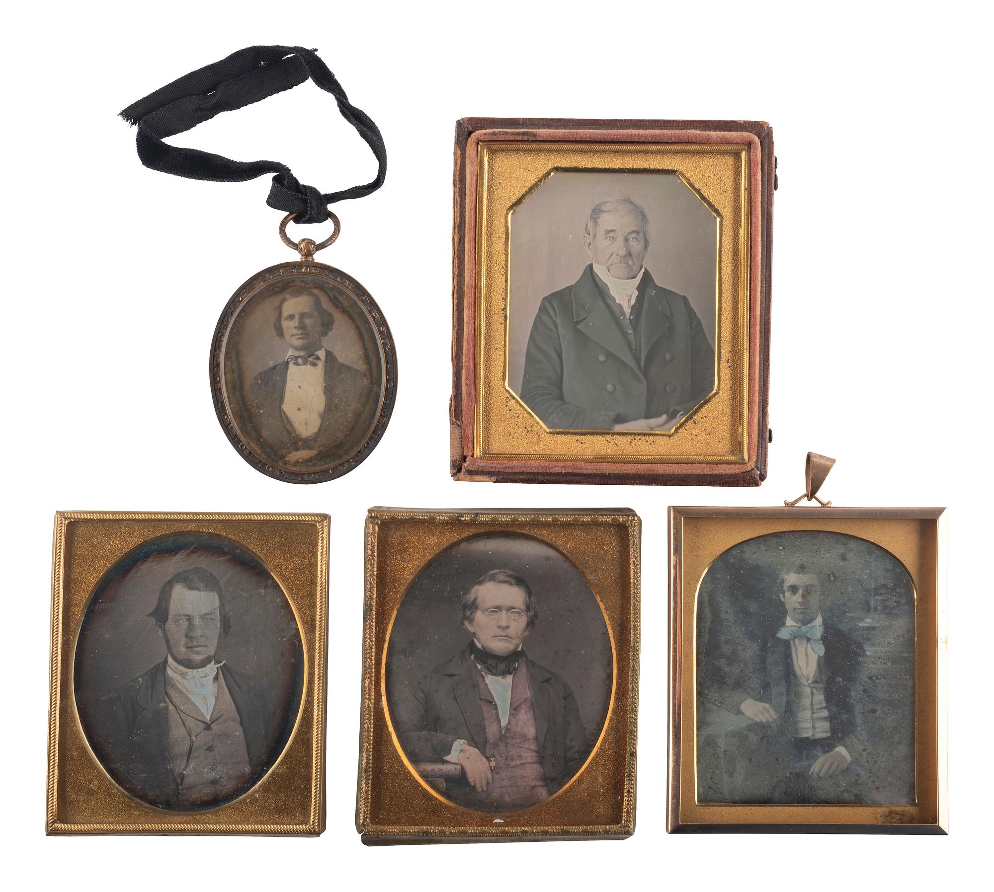 [EARLY PHOTOGRAPHY]. A group of 11 daguerreotypes of men of varying ages, highlighted by sixth plate daguerreotype housed in Rare Daguerreian Gallery Union case.