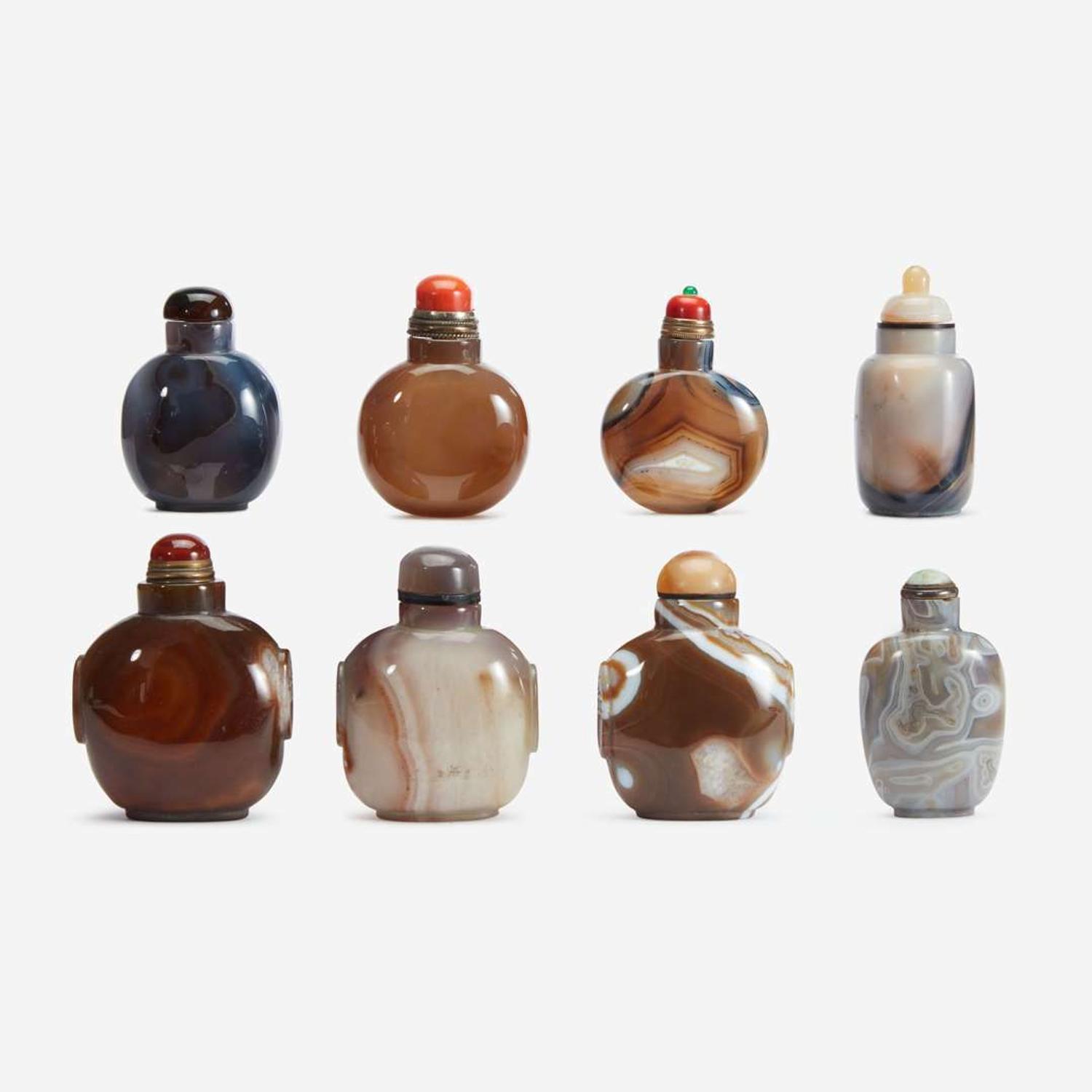 An assorted group of eight Chinese agate snuff bottles