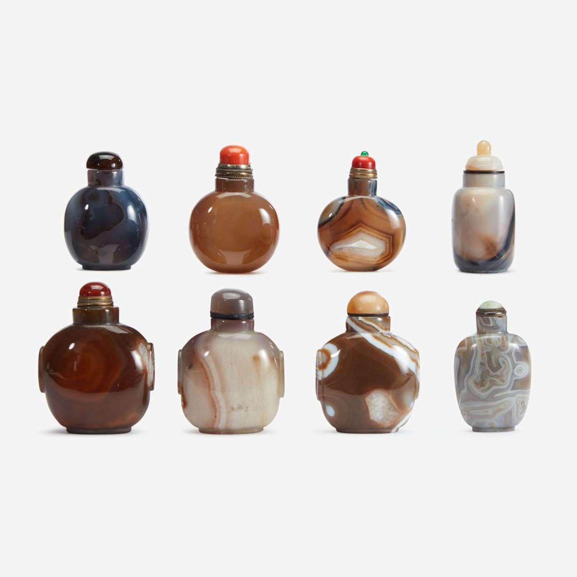 An assorted group of eight Chinese agate snuff bottles