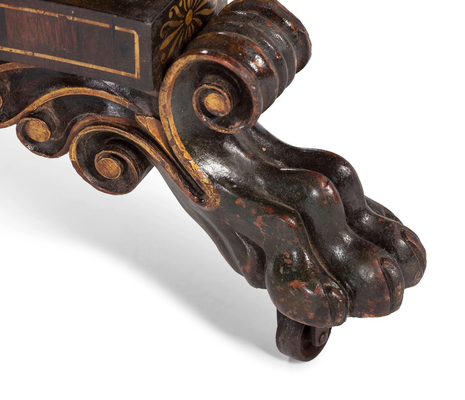 A Classical Parcel Gilt, Stencil Decorated, Carved and Inlaid Mahogany Tilt-Top Claw-Foot Breakfast Table