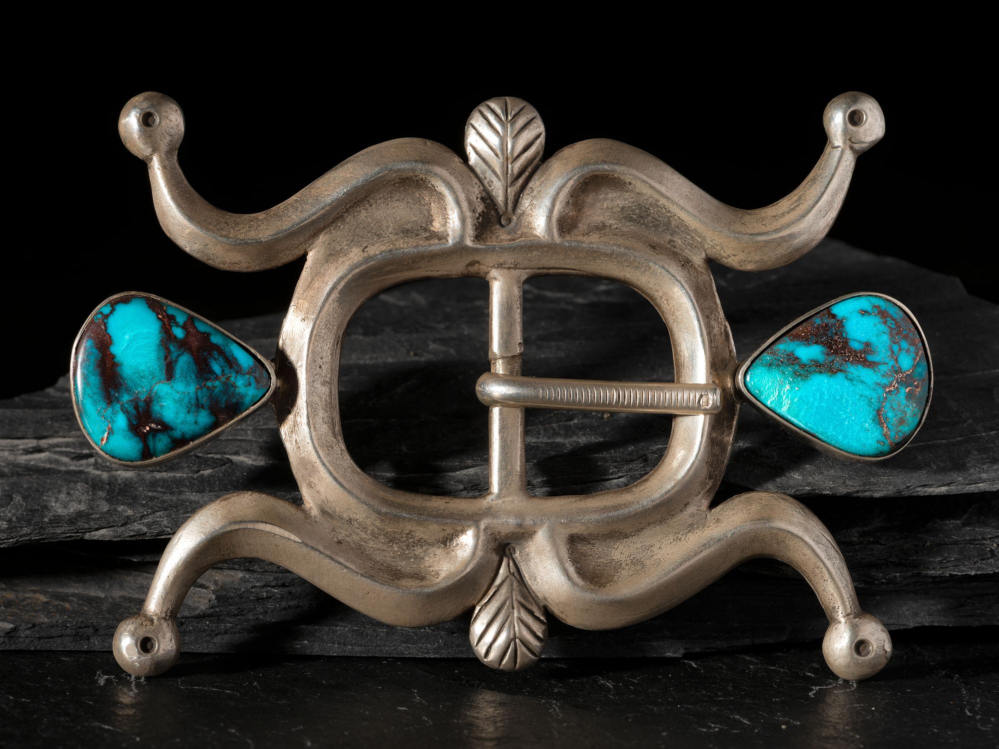 Sandcast Coin Silver and Bisbee Turquoise Belt Buckle
