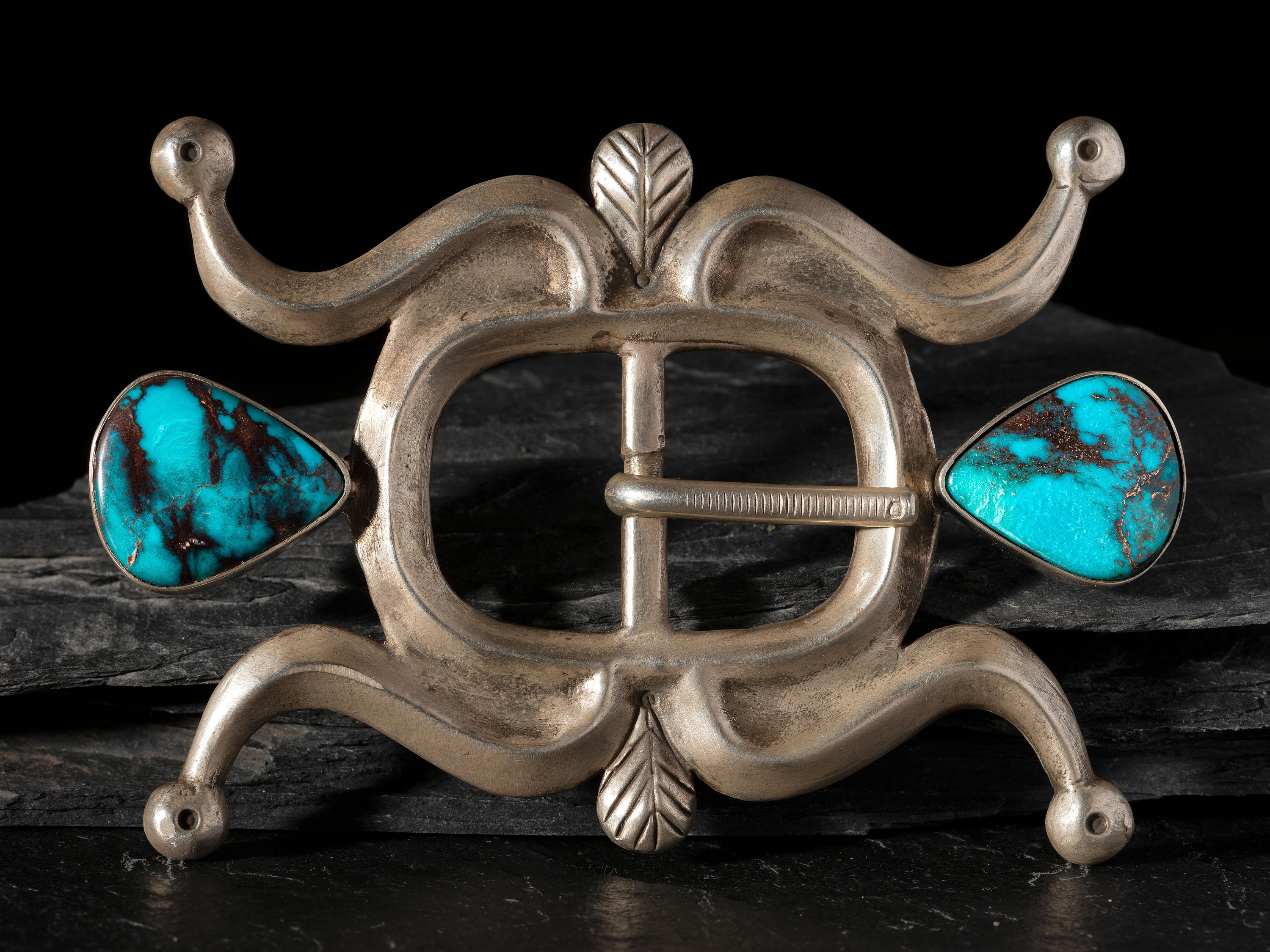 Sandcast Coin Silver and Bisbee Turquoise Belt Buckle