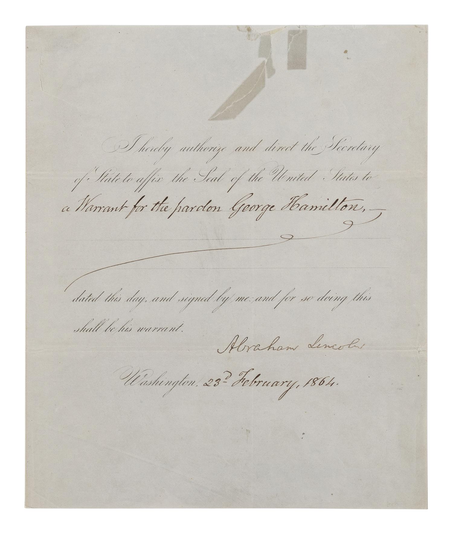 LINCOLN, Abraham (1809-1865). Partially printed document signed ("Abraham Lincoln"). Washington D.C., 23 February 1864.