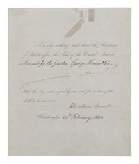 LINCOLN, Abraham (1809-1865). Partially printed document signed ("Abraham Lincoln"). Washington D.C., 23 February 1864.