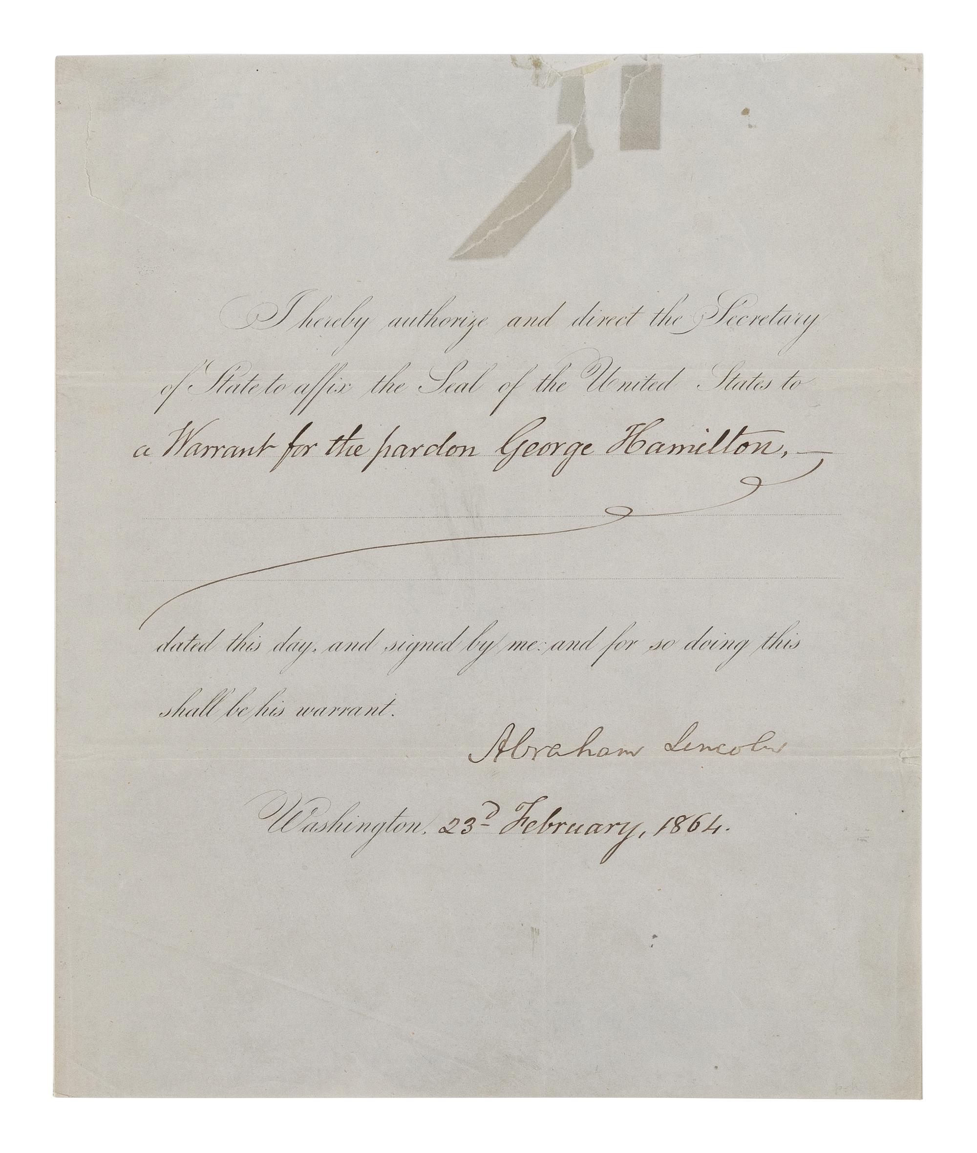 LINCOLN, Abraham (1809-1865). Partially printed document signed ("Abraham Lincoln"). Washington D.C., 23 February 1864.