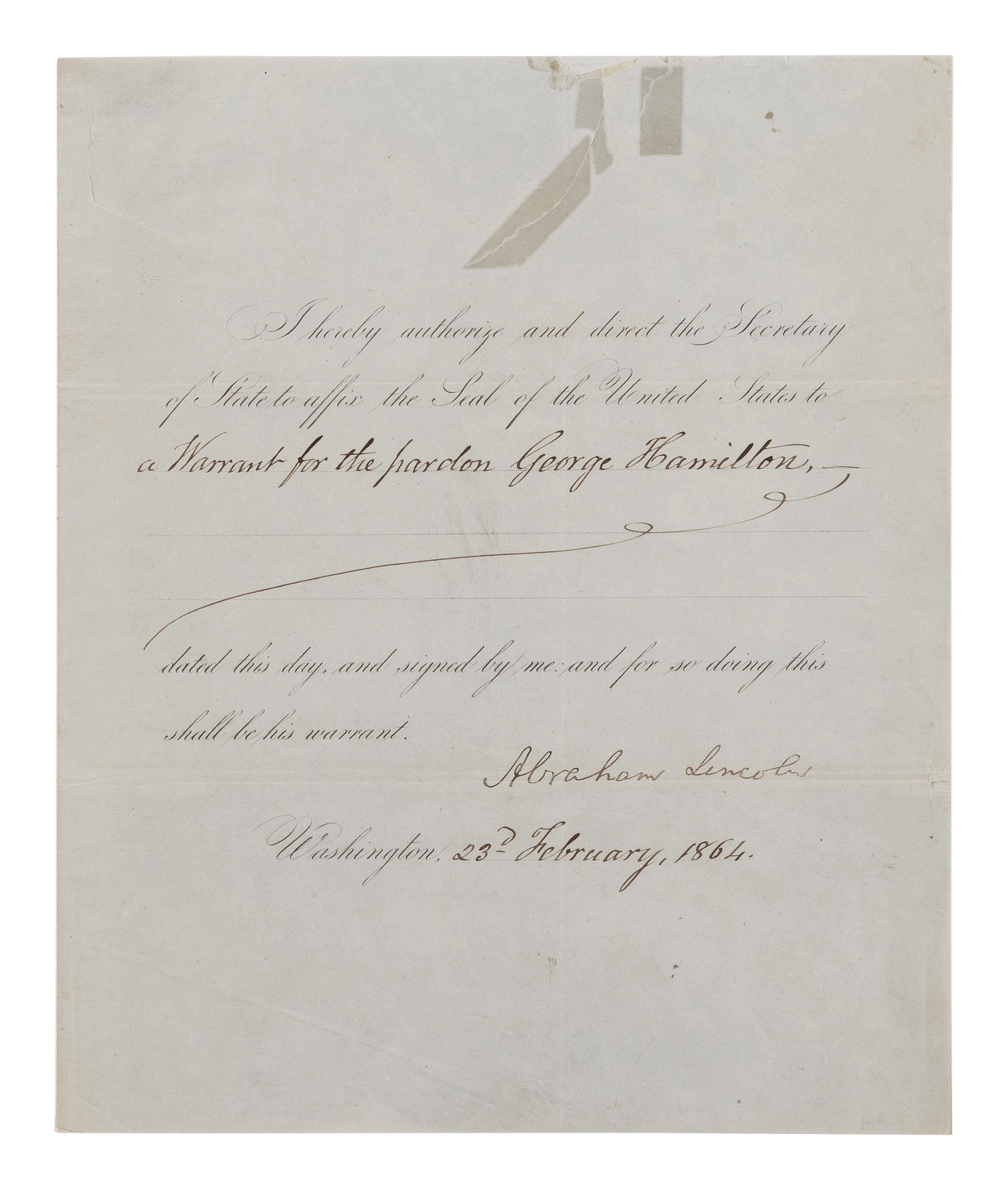 LINCOLN, Abraham (1809-1865). Partially printed document signed ("Abraham Lincoln"). Washington D.C., 23 February 1864.