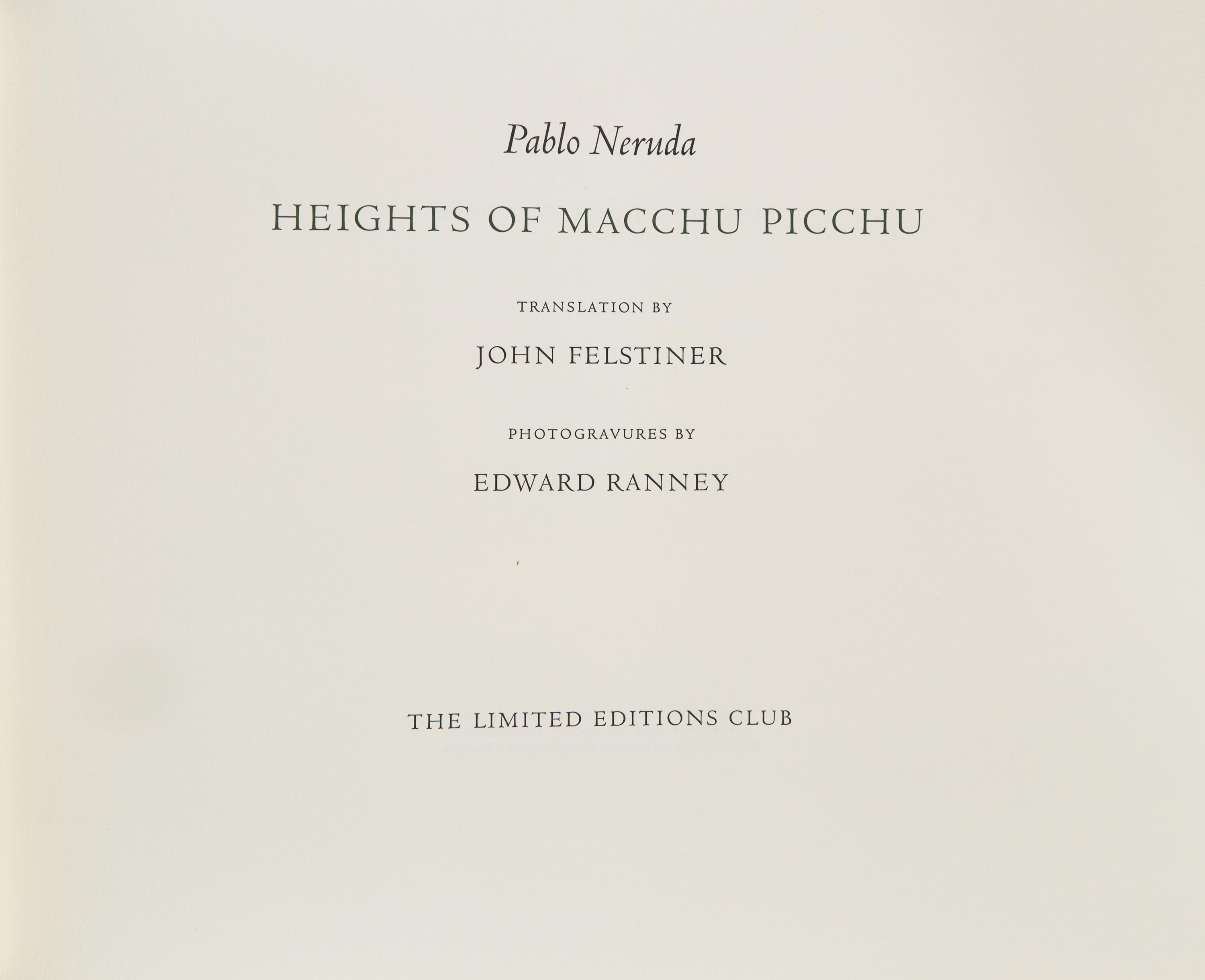 [LIMITED EDITIONS CLUB]. NERUDA, Pablo (1904-1973). Heights of Macchu Picchu . Translated by John Felstiner. New York: The Limited Editions Club, [1998].