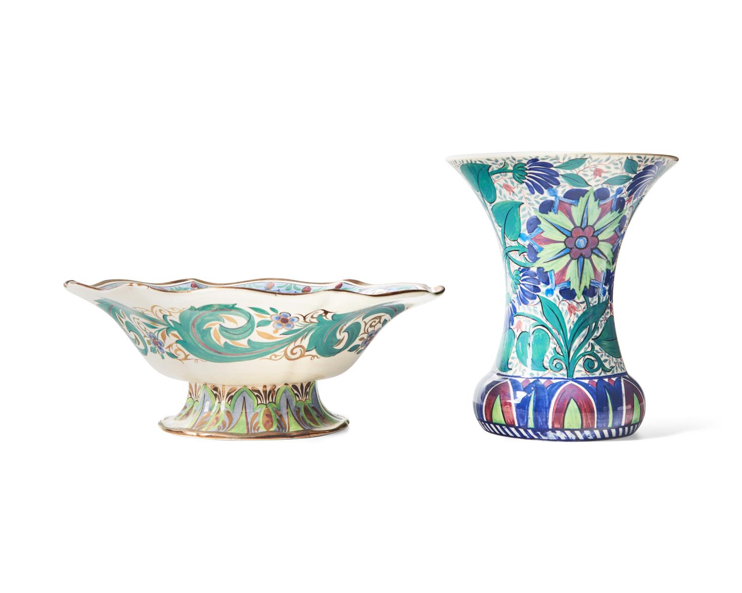 A Wedgwood Polychrome Painted Queensware Bowl and Vase