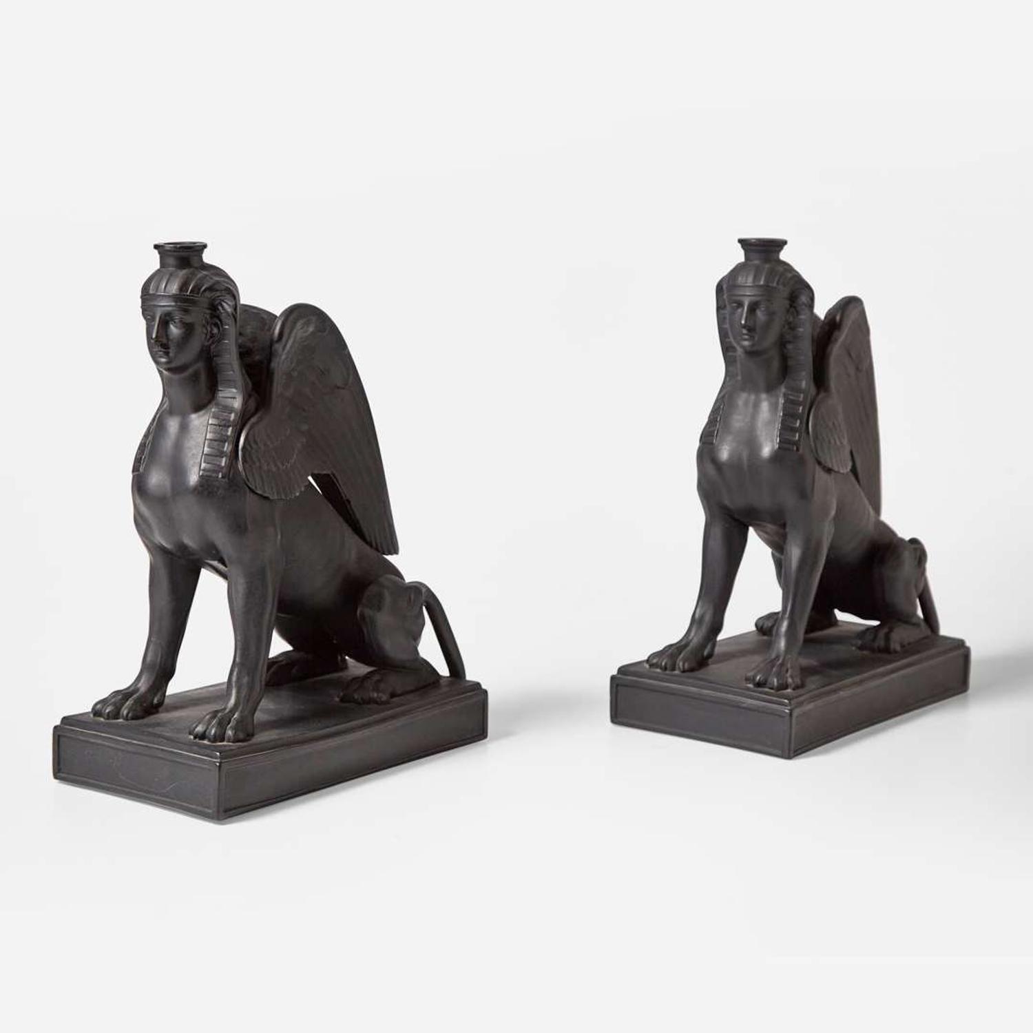 A Pair of Wedgwood Black Basalt Egyptian Revival Sphinx-Form Bases UK, mid-19th century