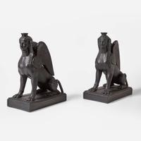 A Pair of Wedgwood Black Basalt Egyptian Revival Sphinx-Form Bases UK, mid-19th century