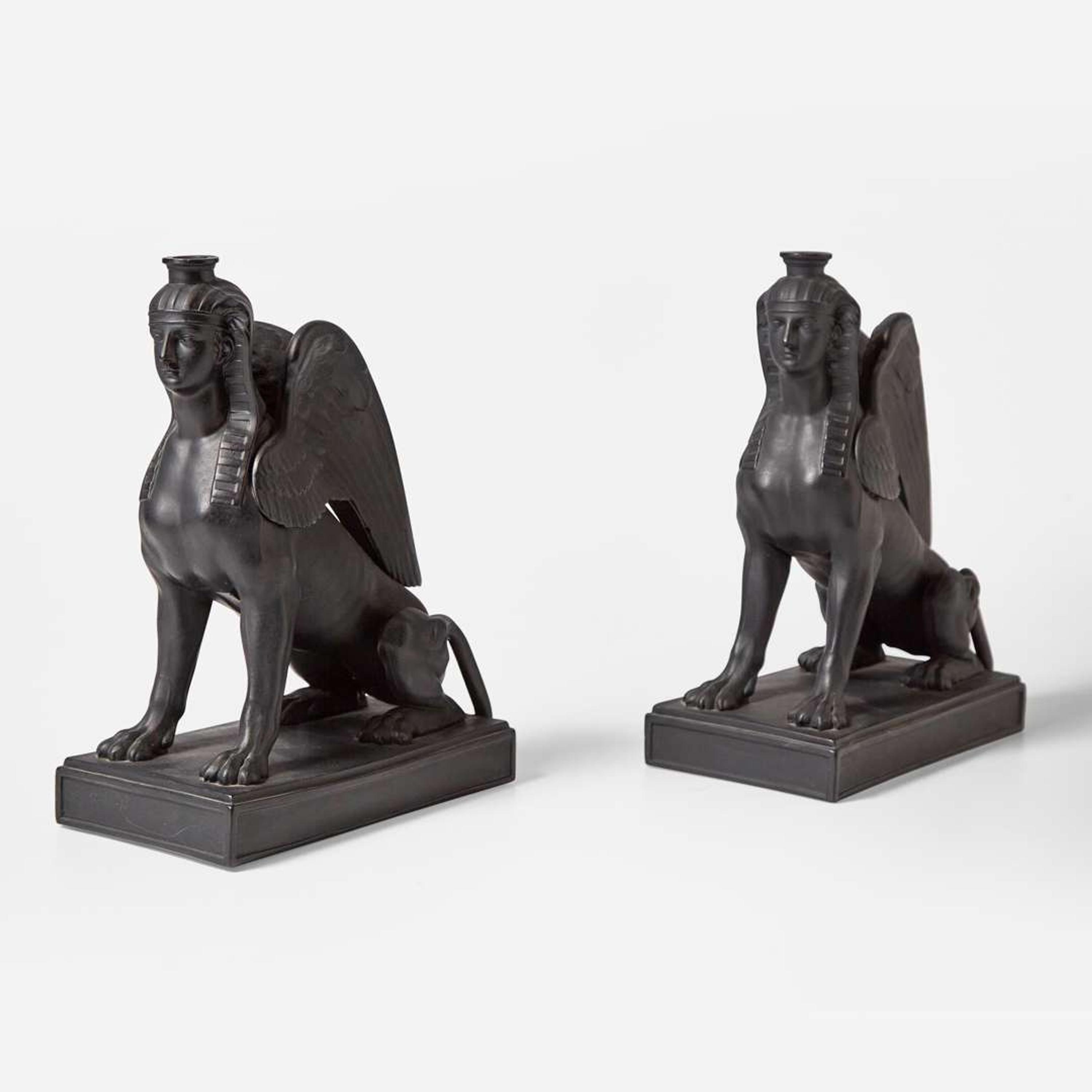 A Pair of Wedgwood Black Basalt Egyptian Revival Sphinx-Form Bases UK, mid-19th century