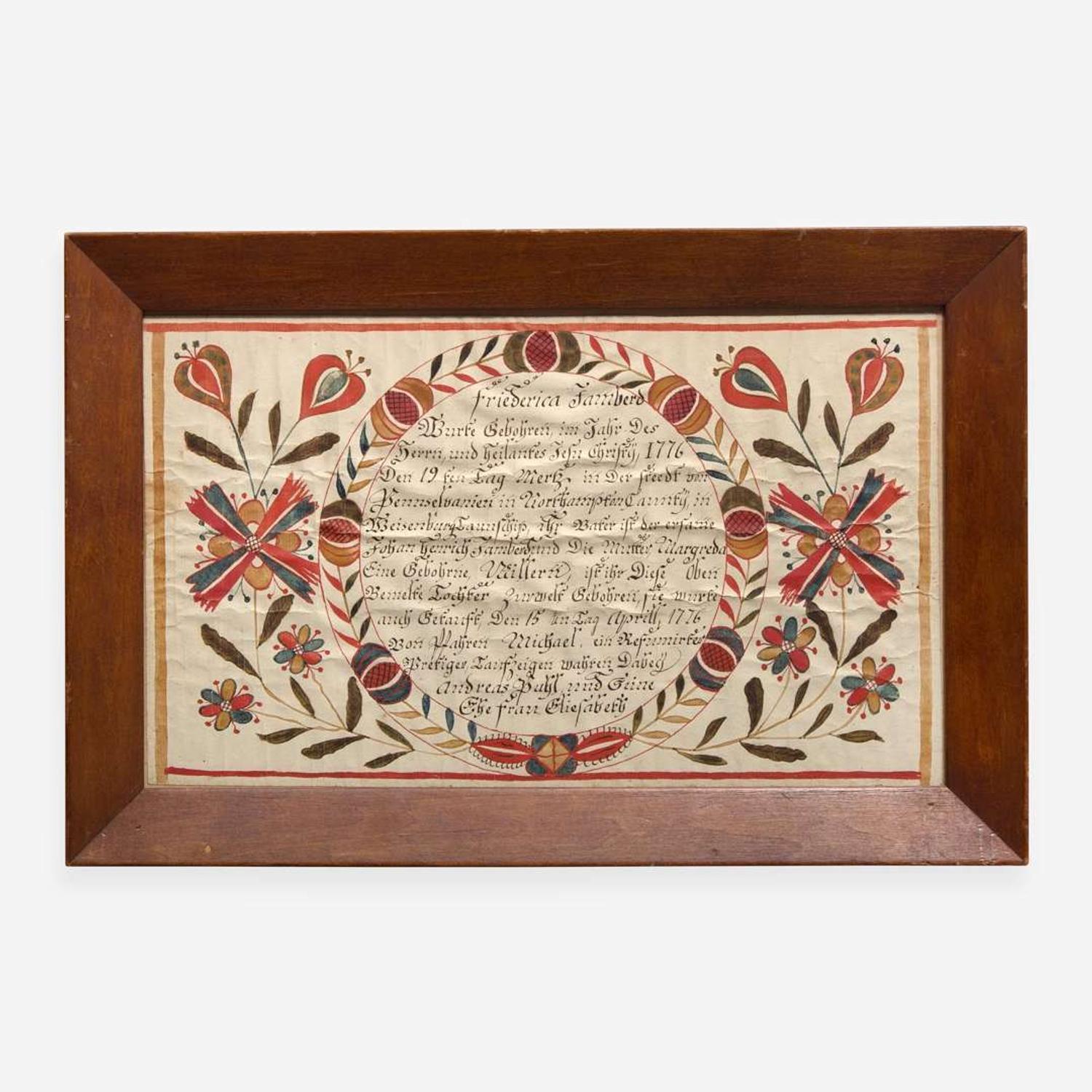 A Fraktur birth and baptism record for Friederica Vamberg Johann Conrad Gilbert (1734-1812)