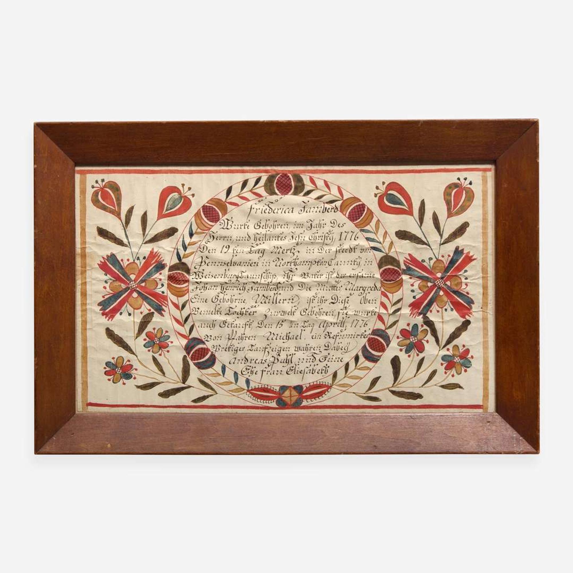 A Fraktur birth and baptism record for Friederica Vamberg Johann Conrad Gilbert (1734-1812)