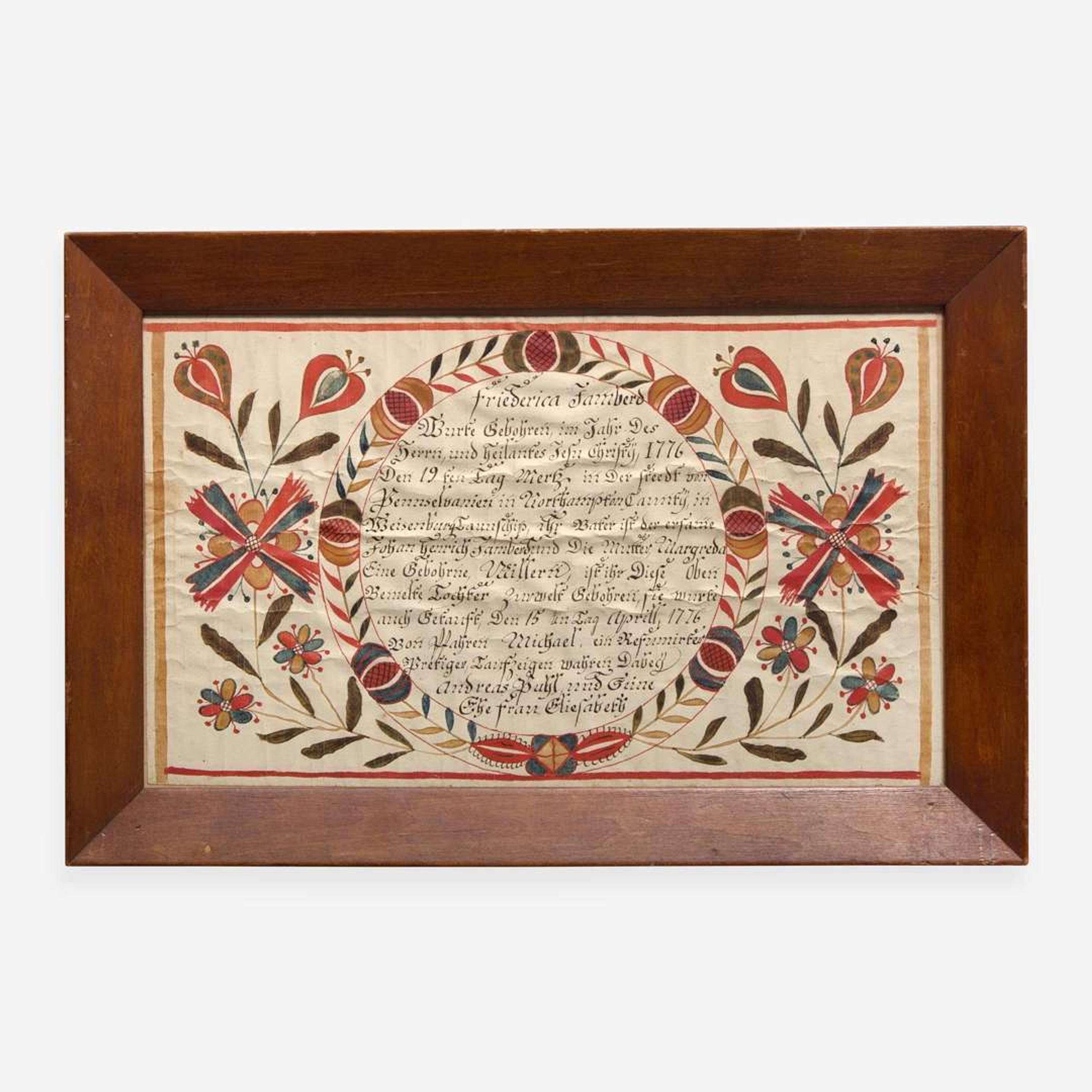 A Fraktur birth and baptism record for Friederica Vamberg Johann Conrad Gilbert (1734-1812)