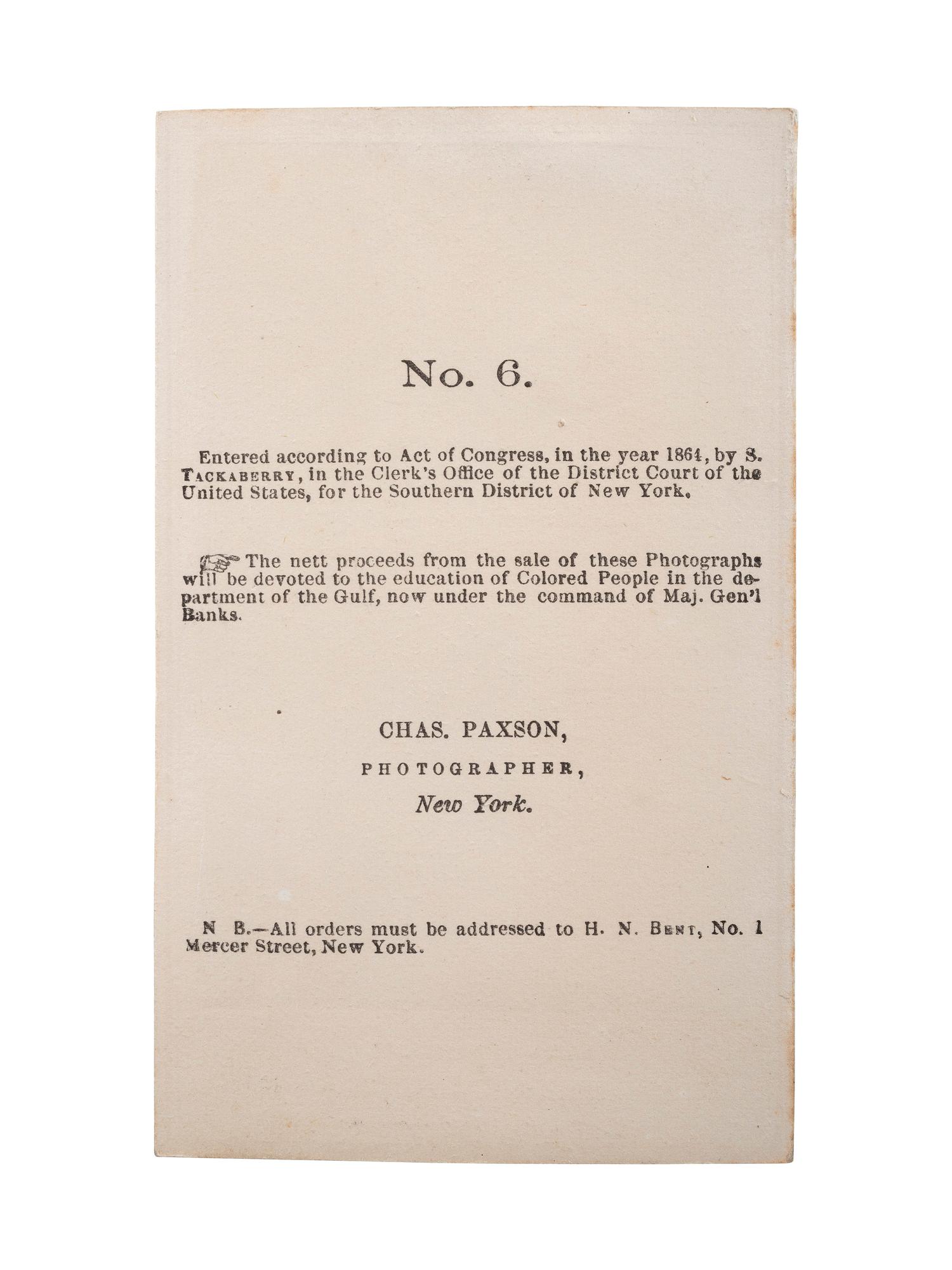 [SLAVERY & ABOLITION] -- [CHINN, Wilson]. PAXSON, Charles, photographer. Learning is Wealth. Wilson, Charley, Rebecca & Rosa . Slaves from New Orleans. New York: S. Tackaberry, 1864.
