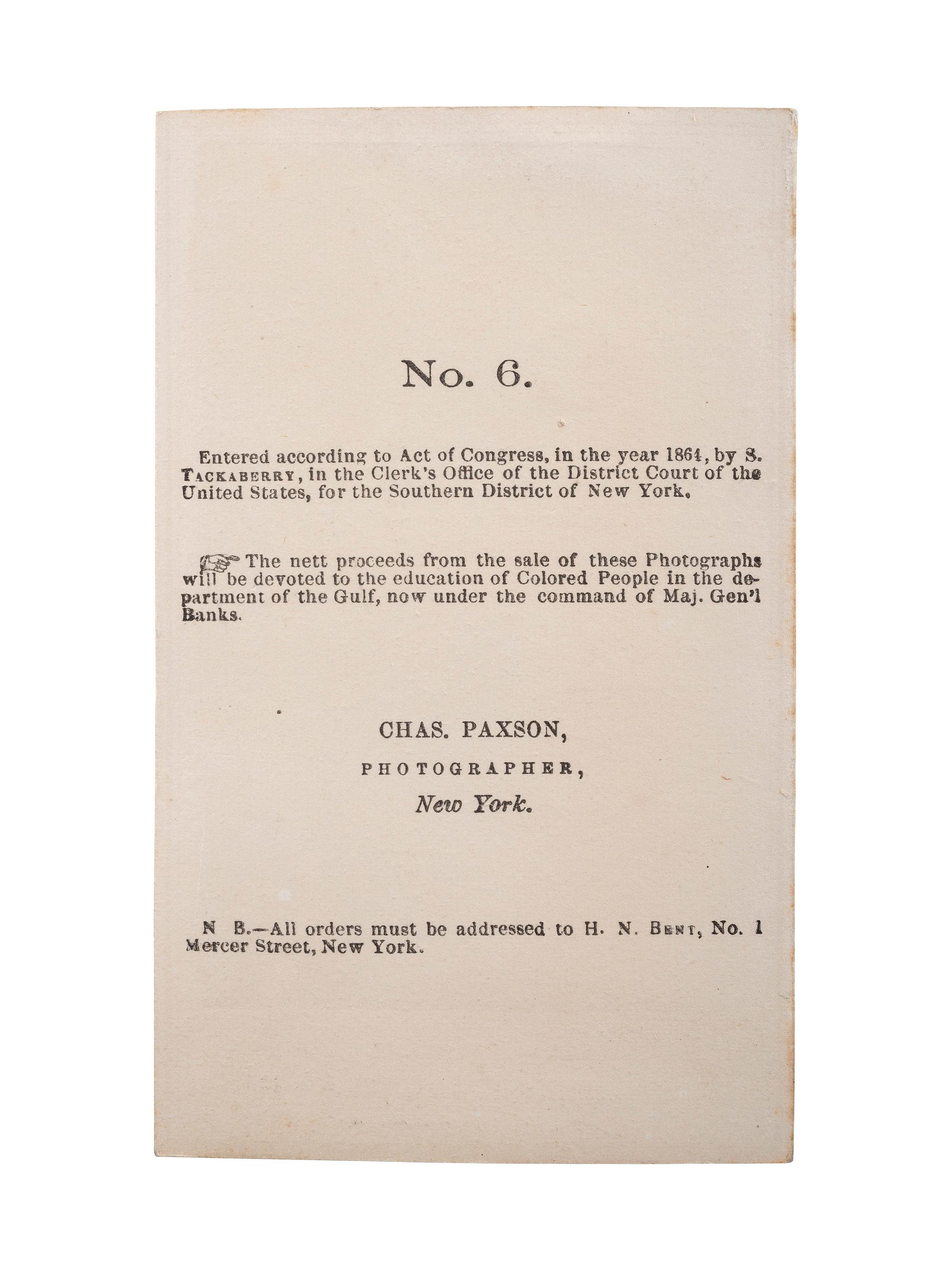 [SLAVERY & ABOLITION] -- [CHINN, Wilson]. PAXSON, Charles, photographer. Learning is Wealth. Wilson, Charley, Rebecca & Rosa . Slaves from New Orleans. New York: S. Tackaberry, 1864.
