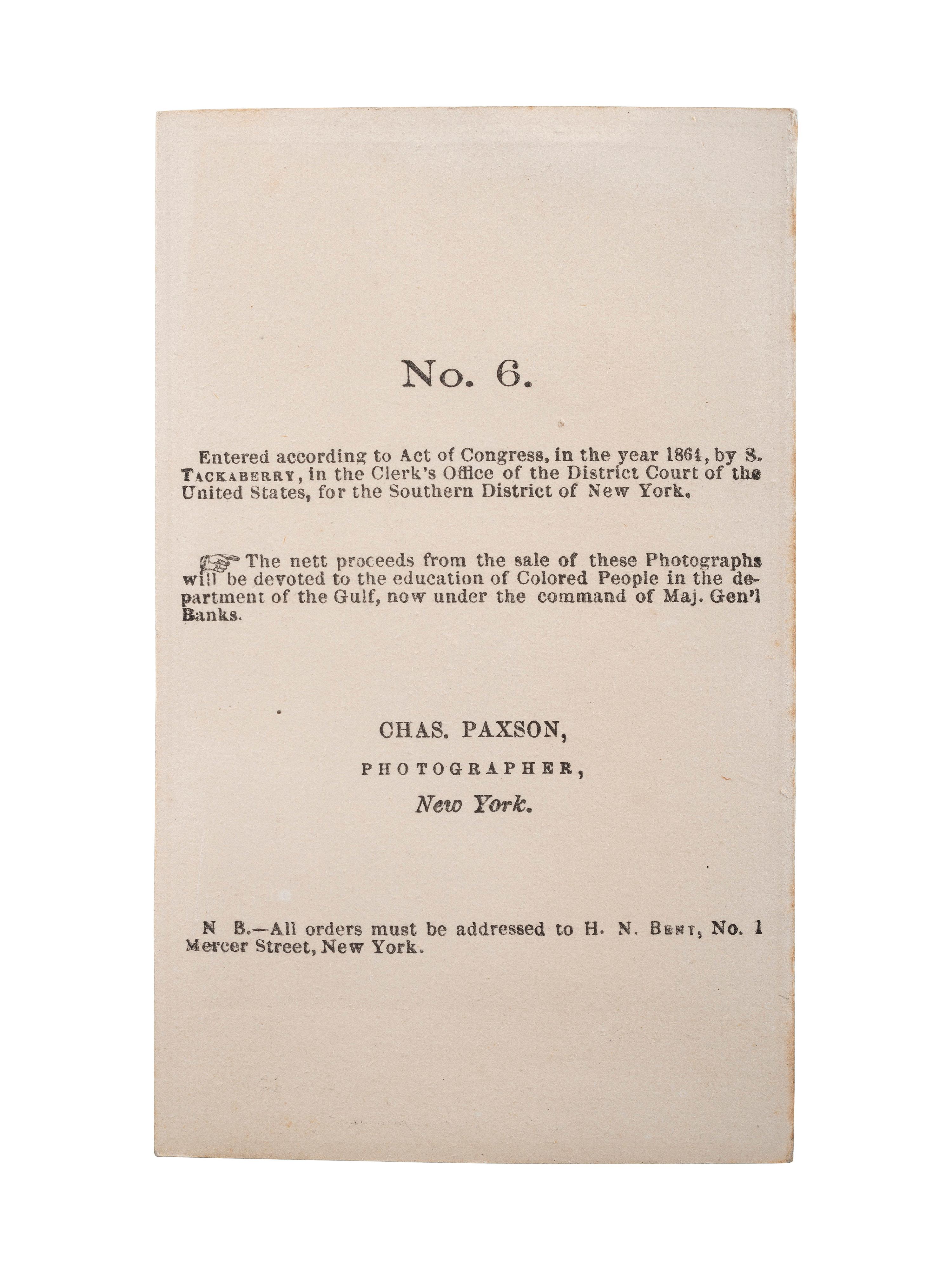 [SLAVERY & ABOLITION] -- [CHINN, Wilson]. PAXSON, Charles, photographer. Learning is Wealth. Wilson, Charley, Rebecca & Rosa . Slaves from New Orleans. New York: S. Tackaberry, 1864.
