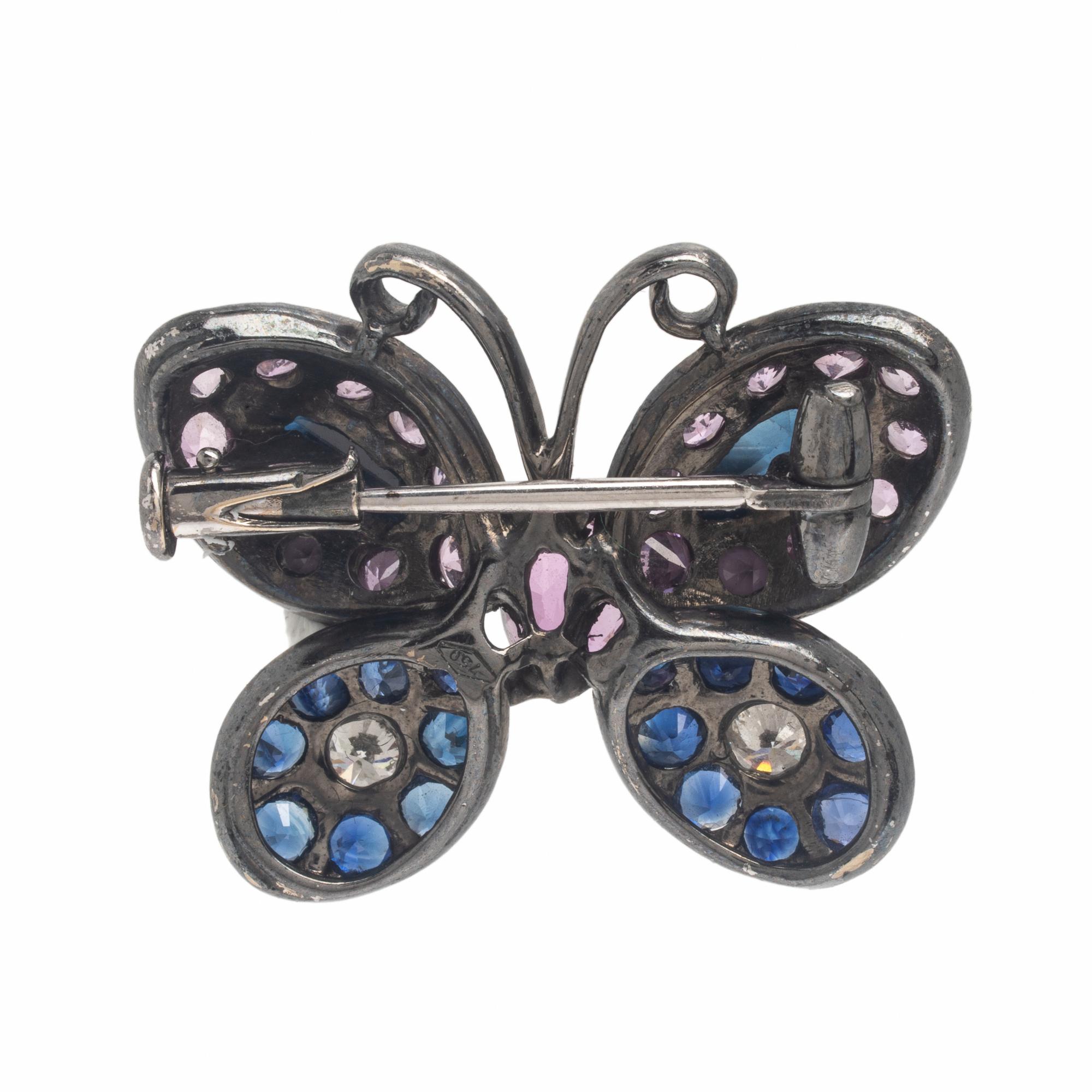 Sapphire, Diamond, and Blackened Gold Butterfly Brooch