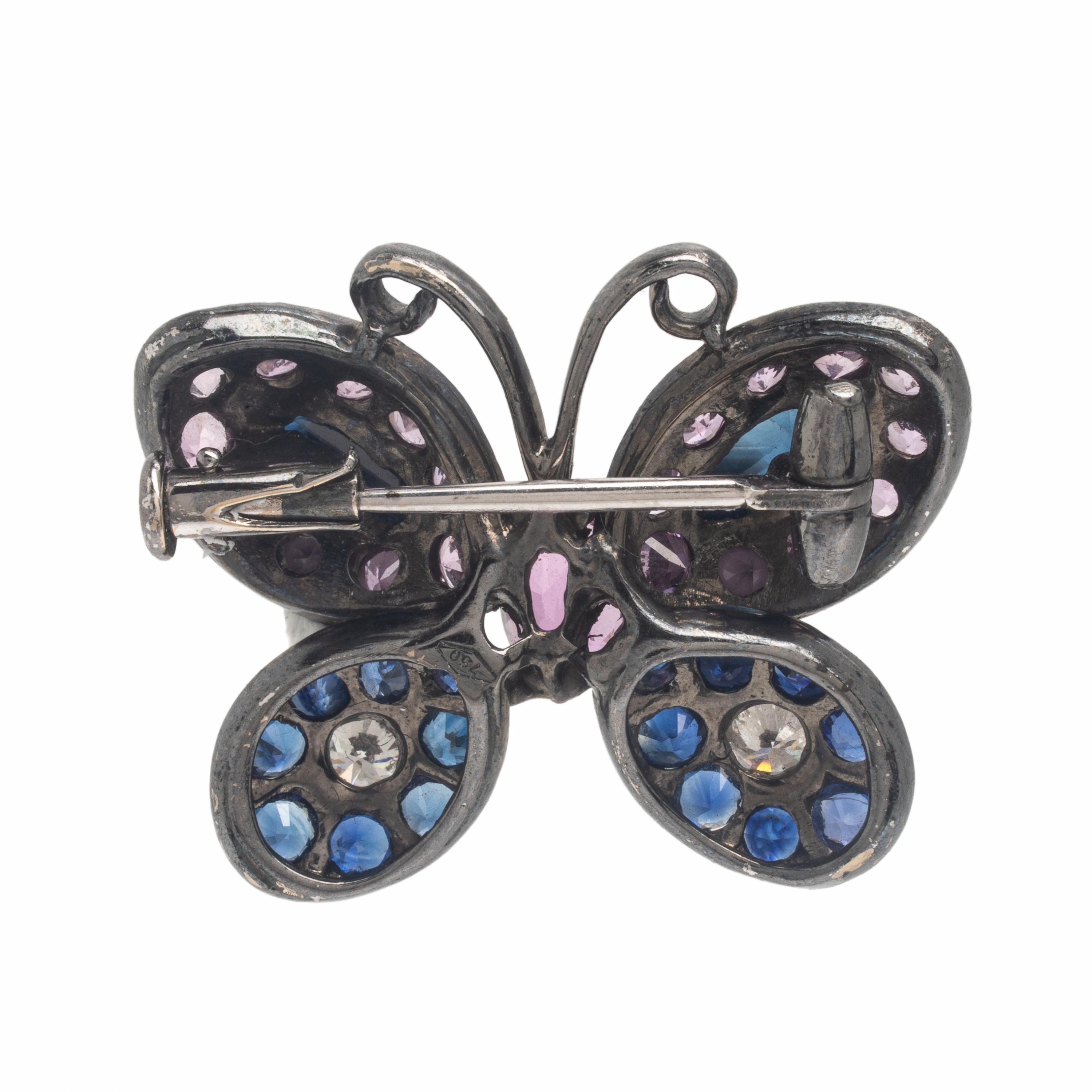 Sapphire, Diamond, and Blackened Gold Butterfly Brooch