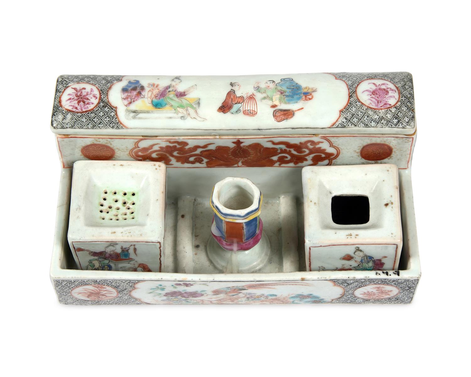 A Chinese Export Porcelain Famille Rose Inkstand And Pair Of Candlesticks