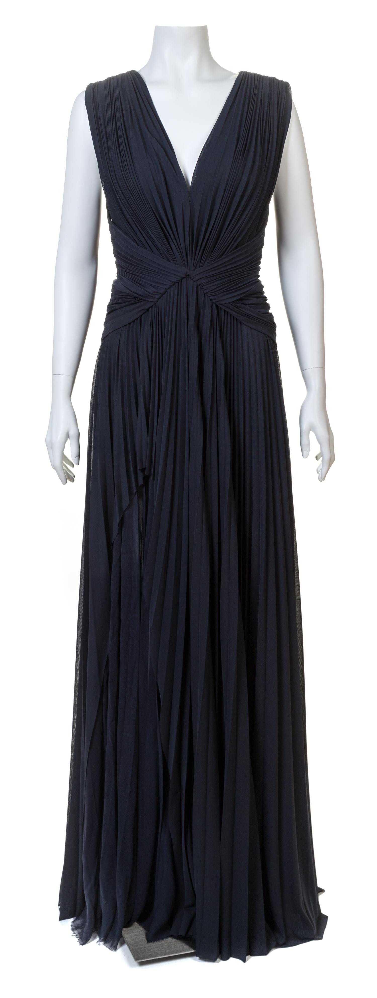 A J. Mendel Navy Jersey Starburst Sleeveless Pleated Gown, Size 6.