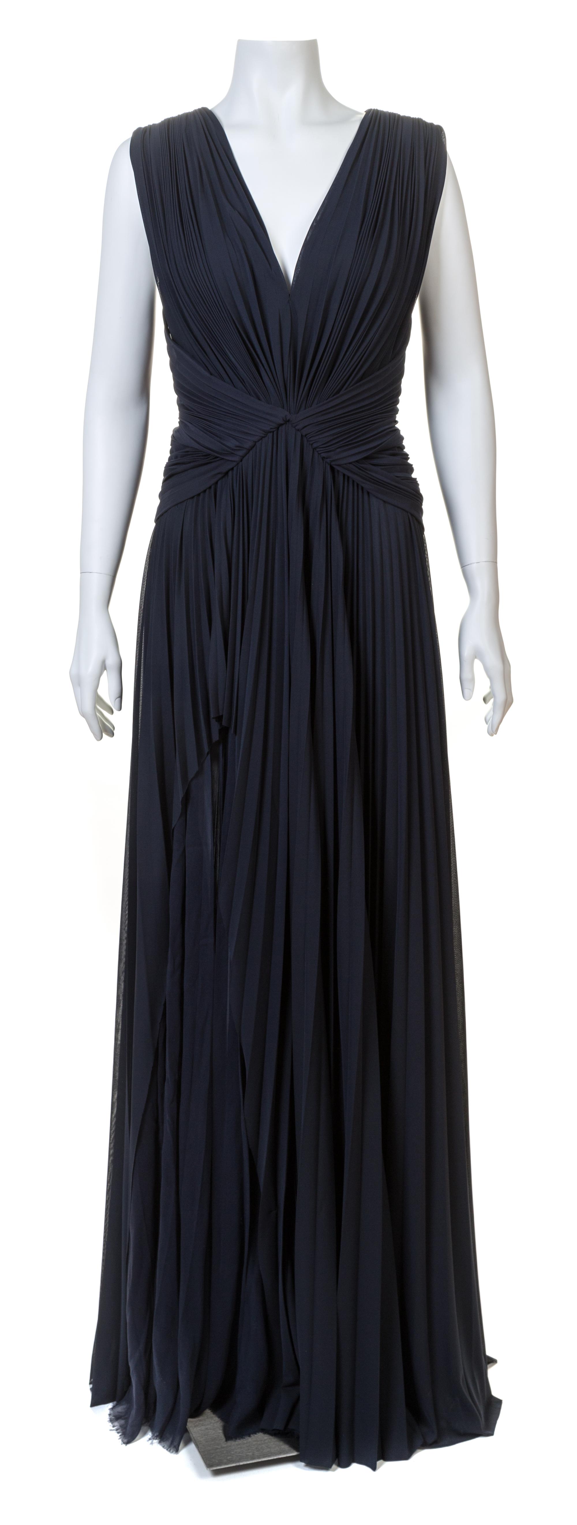 A J. Mendel Navy Jersey Starburst Sleeveless Pleated Gown, Size 6.