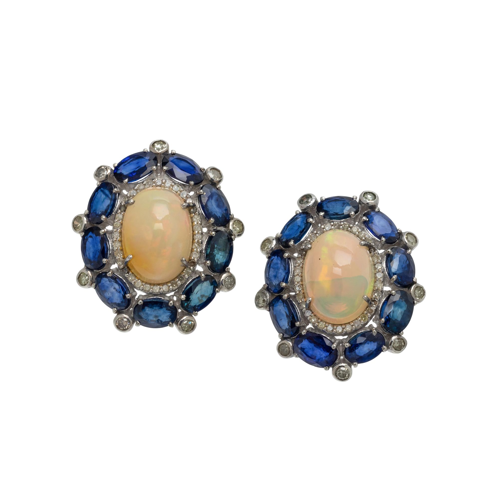 OPAL, SYNTHETIC SAPPHIRE AND DIAMOND EARRINGS