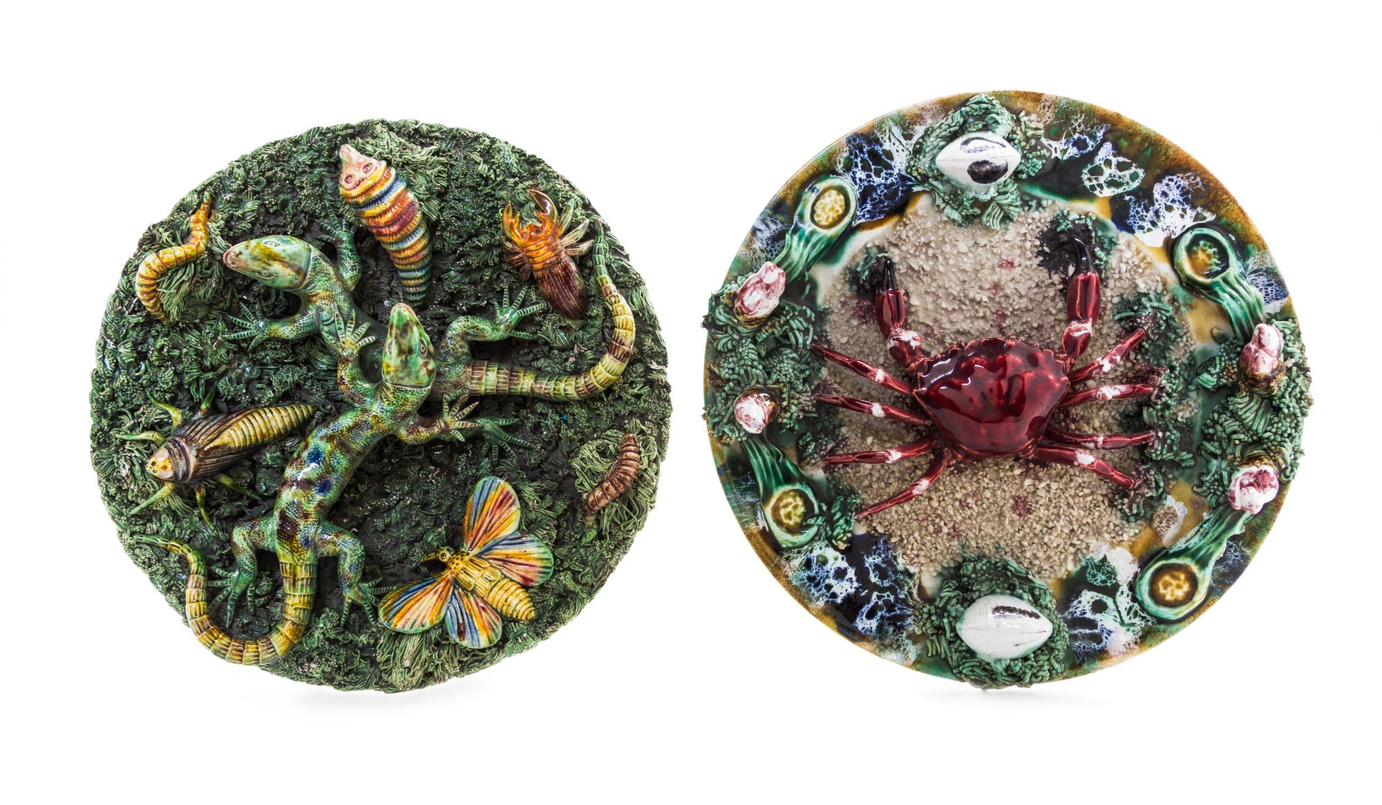 Two Portuguese Palissy Style Plates Diameter of larger 10 inches. — ONE BY JOSE A. CUNHA