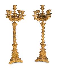 A Pair of French Baroque Style Gilt Bronze Five-Light Candelabra