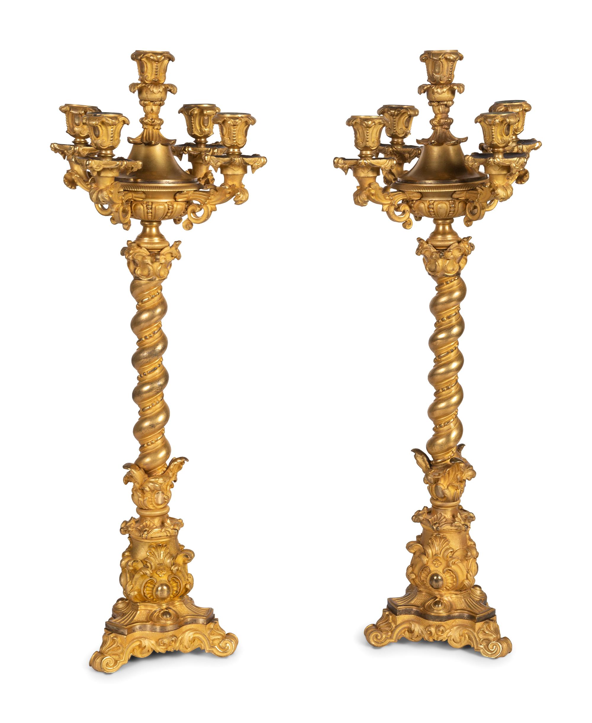A Pair of French Baroque Style Gilt Bronze Five-Light Candelabra