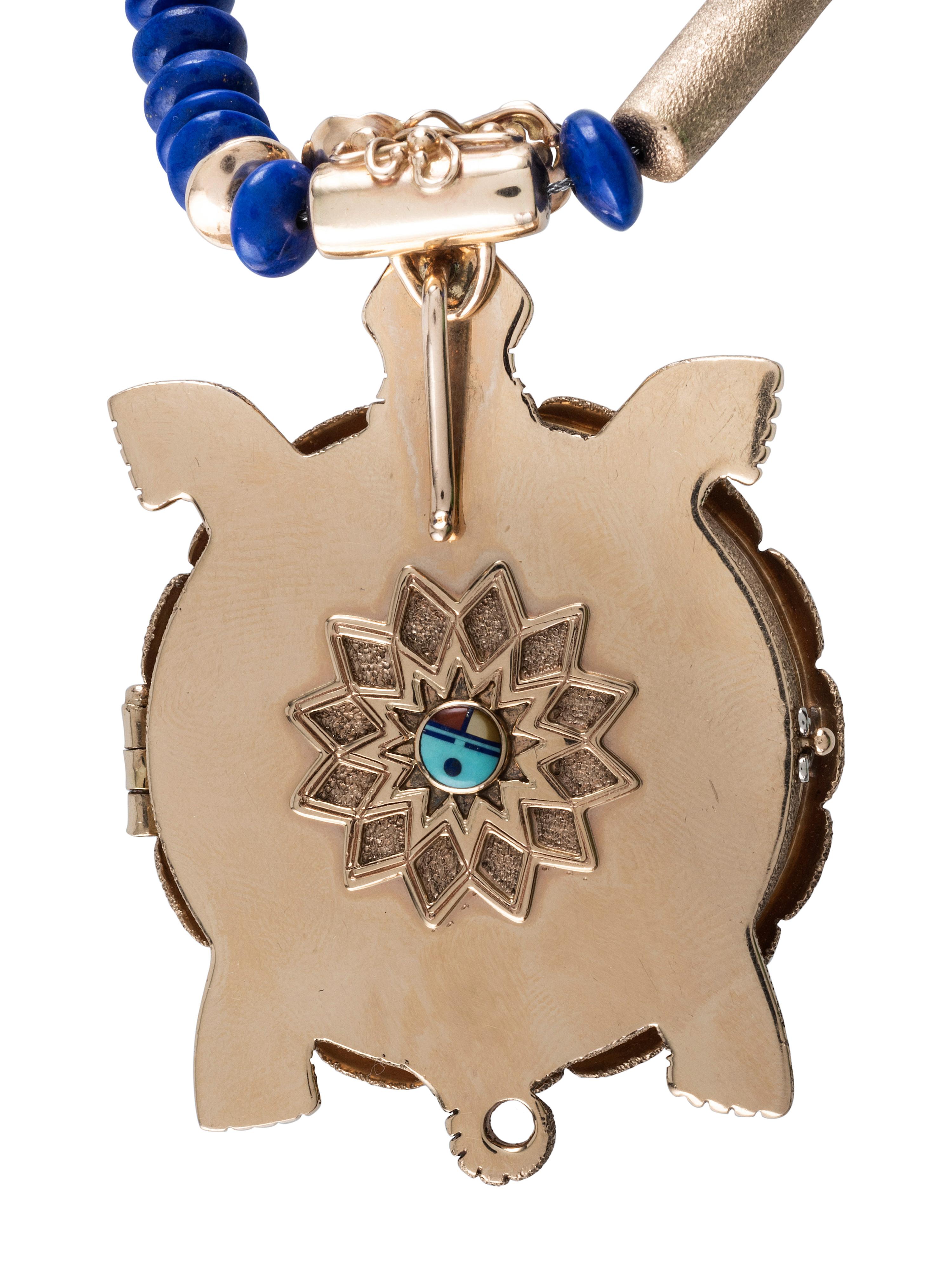 14K Gold Turtle Locket Necklace with Inlay