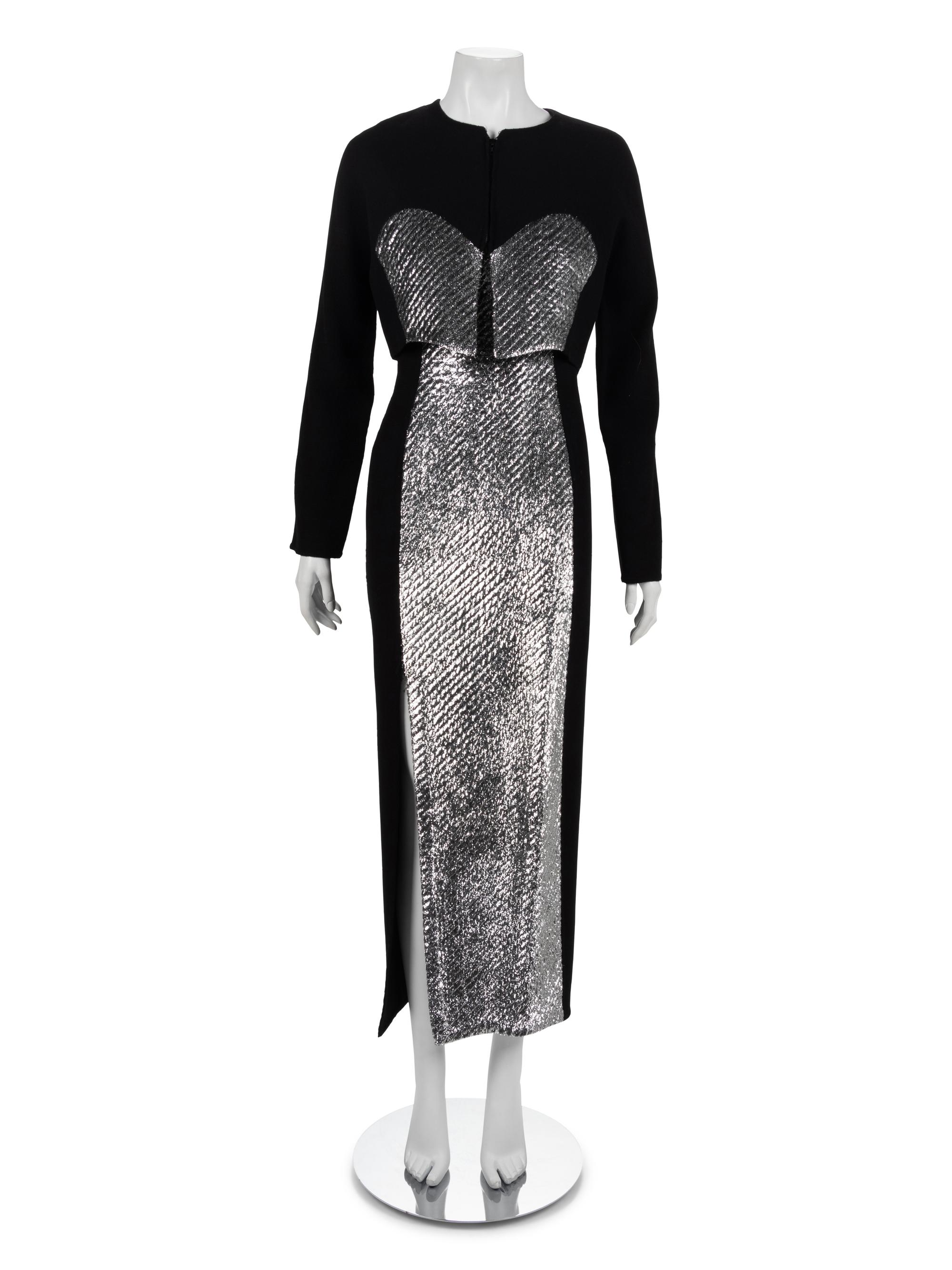 Geoffrey Beene Black Dress and Jacket with Silver Panne Velvet, 1980-90s