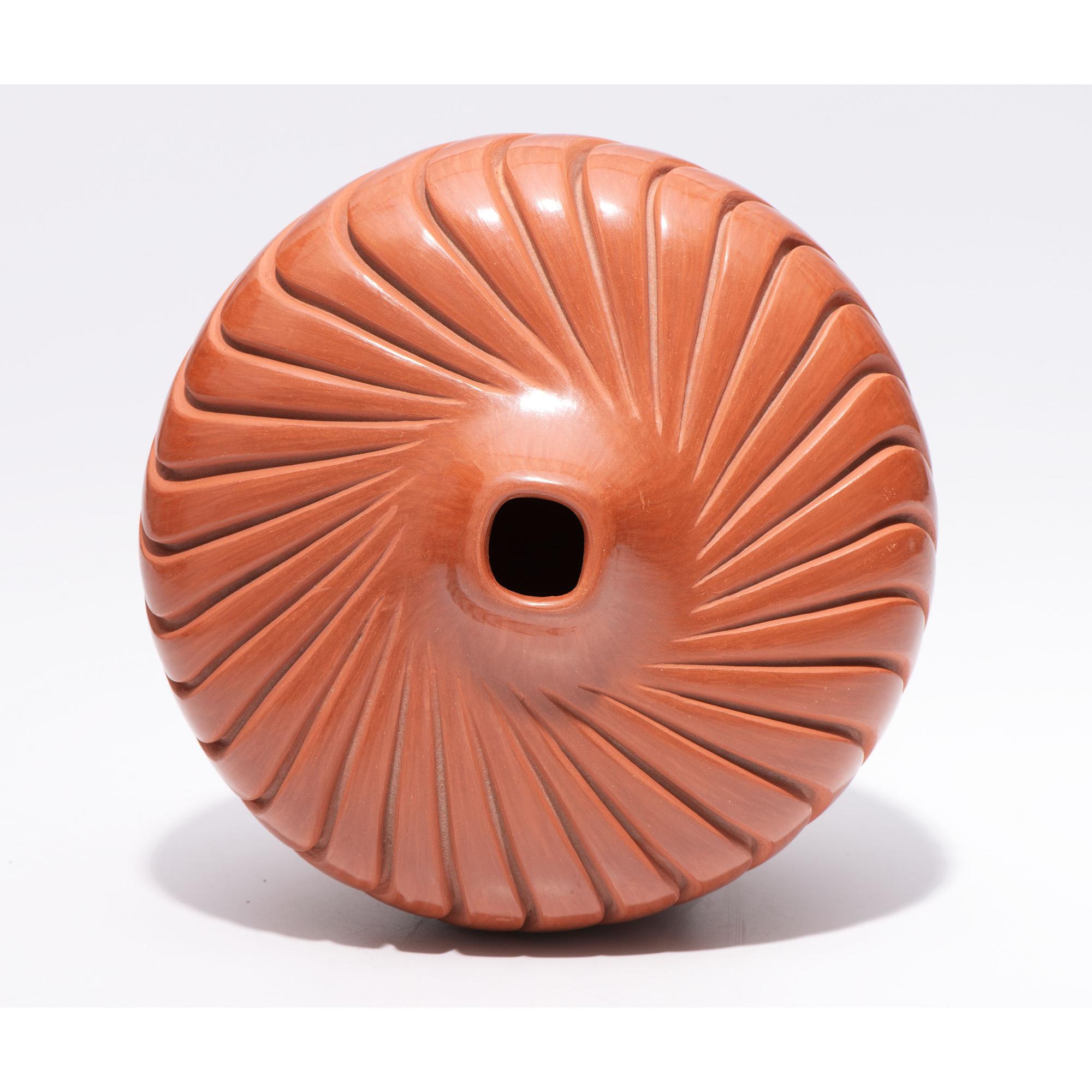 Deeply Carved Redware Pottery Jar