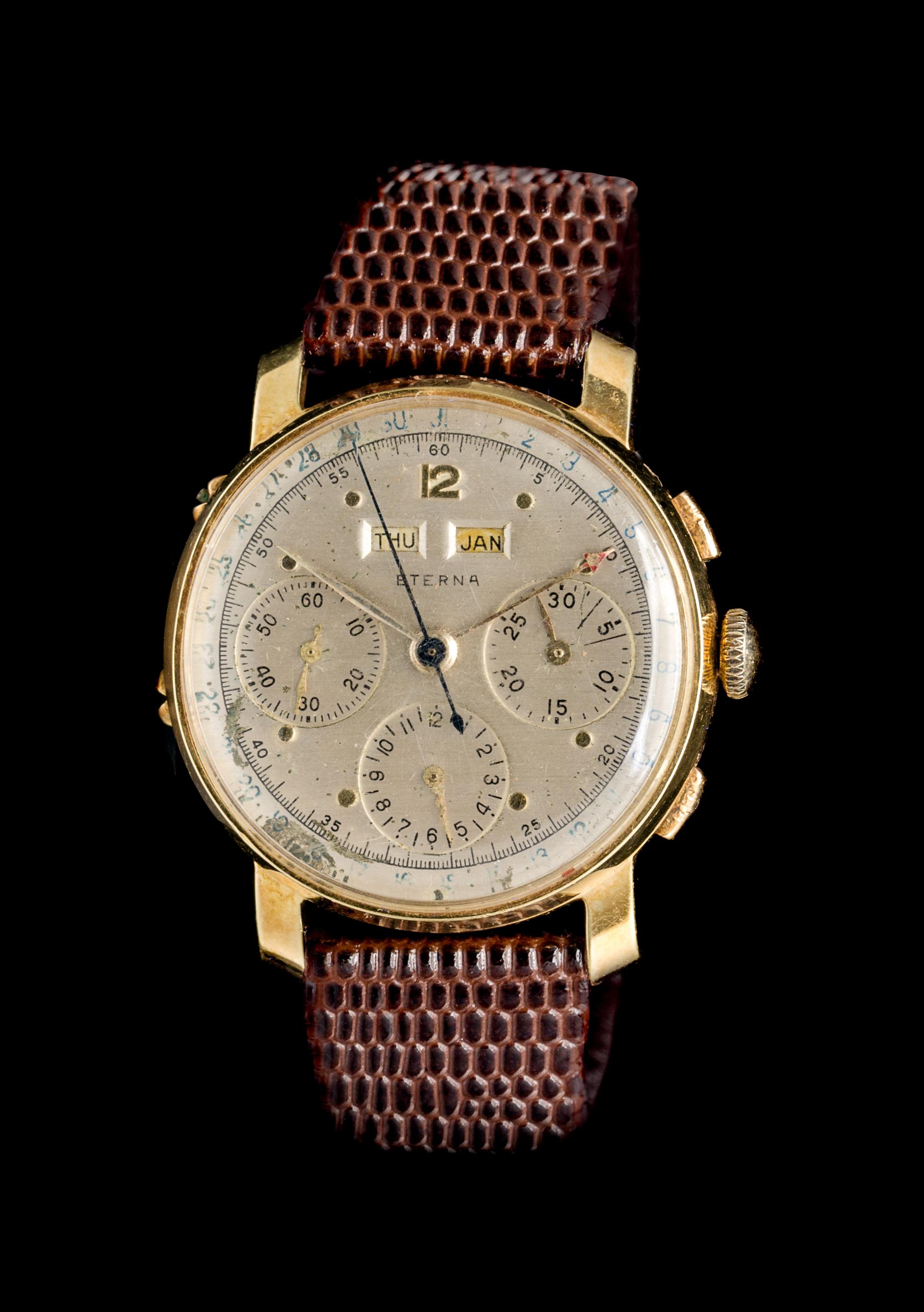 A 14 Karat Yellow Gold Triple Calendar Chronograph Wristwatch, Eterna, Circa 1949,
