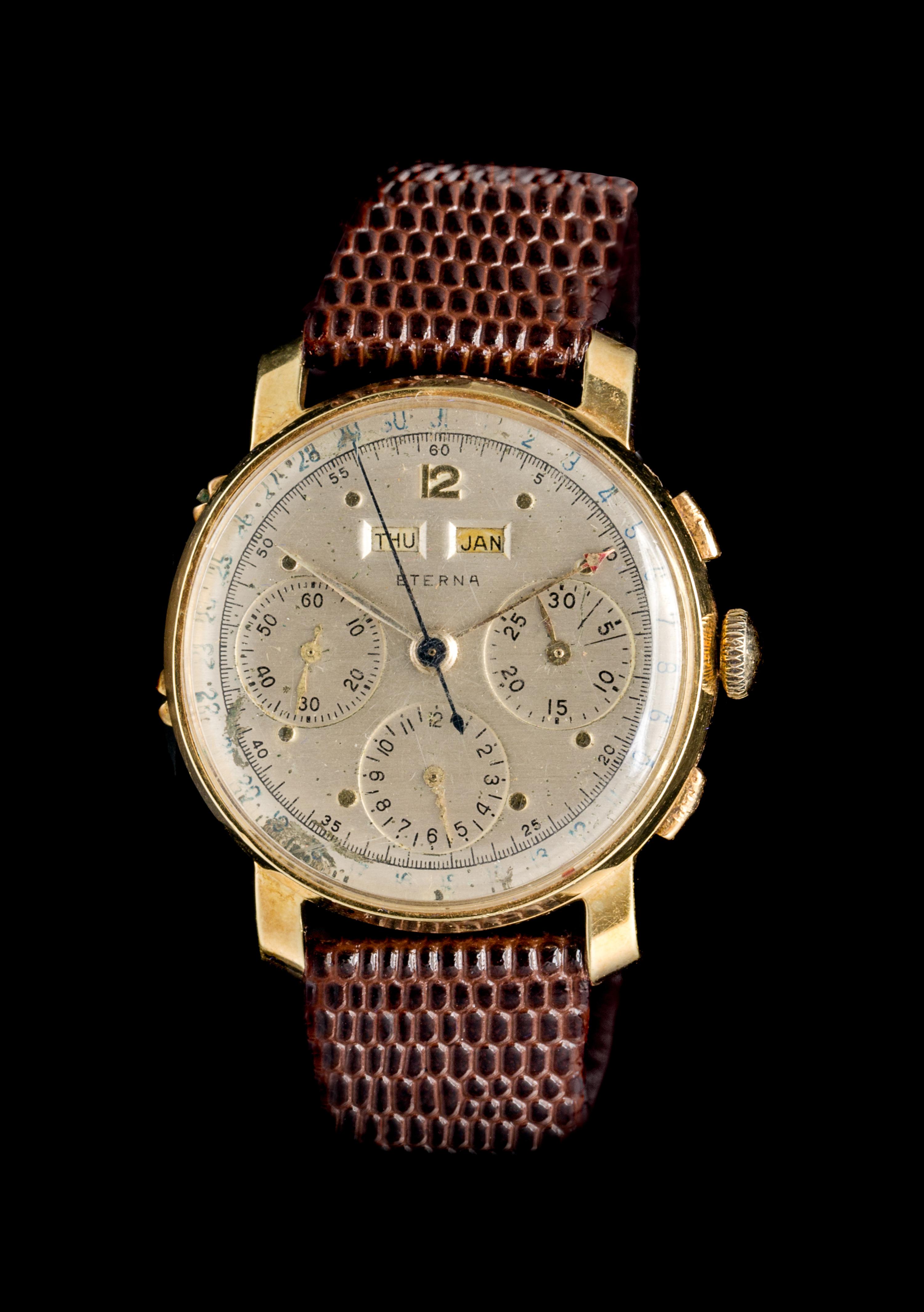 A 14 Karat Yellow Gold Triple Calendar Chronograph Wristwatch, Eterna, Circa 1949,